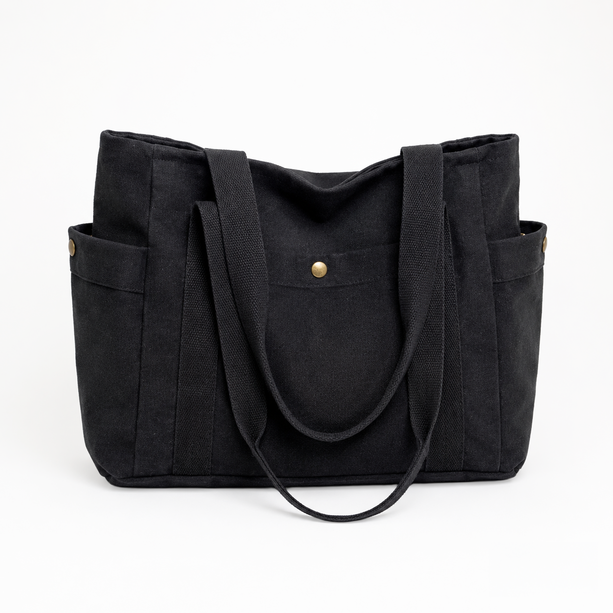 Bolso Tote De Lona Neta – Bolsillos Laterales, Doble Asa, Botón Dorado, 3 Colores
