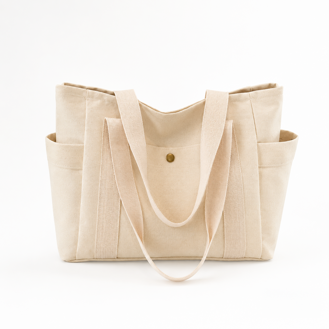Bolso Tote De Lona Neta – Bolsillos Laterales, Doble Asa, Botón Dorado, 3 Colores