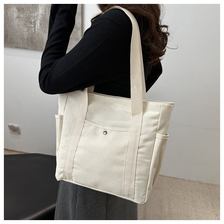 Bolso Tote De Lona Neta – Bolsillos Laterales, Doble Asa, Botón Dorado, 3 Colores