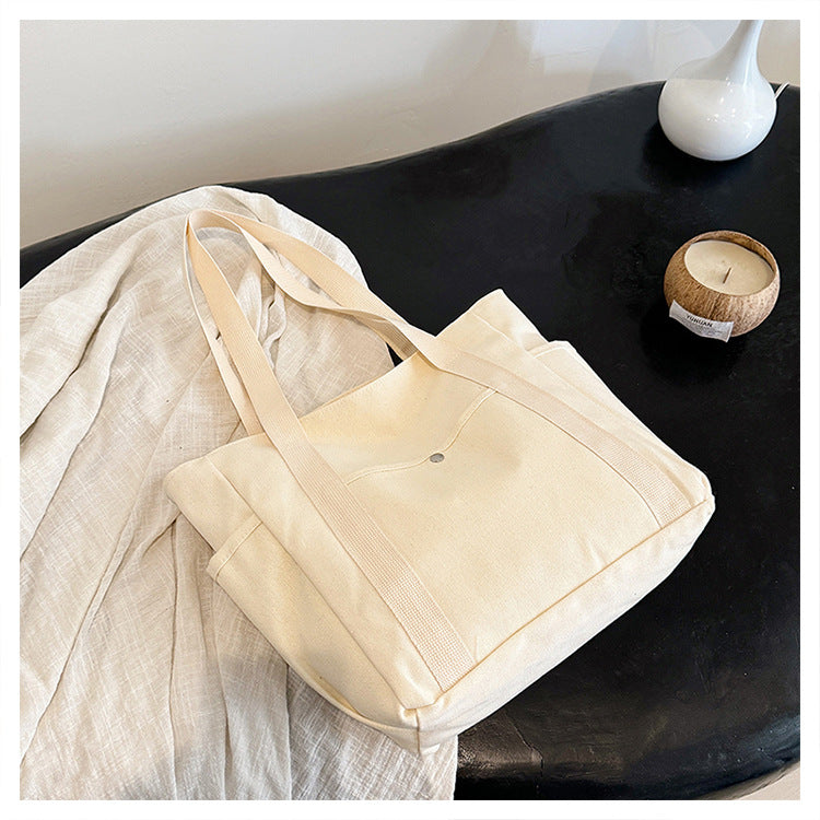 Bolso Tote De Lona Neta – Bolsillos Laterales, Doble Asa, Botón Dorado, 3 Colores