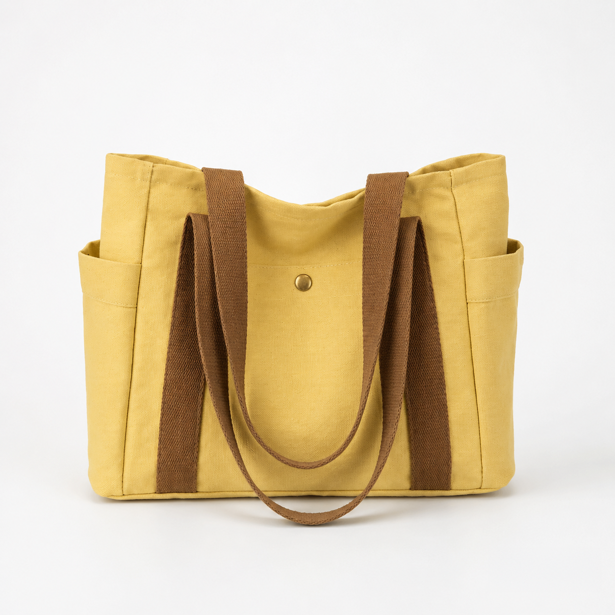 Bolso Tote De Lona Neta – Bolsillos Laterales, Doble Asa, Botón Dorado, 3 Colores