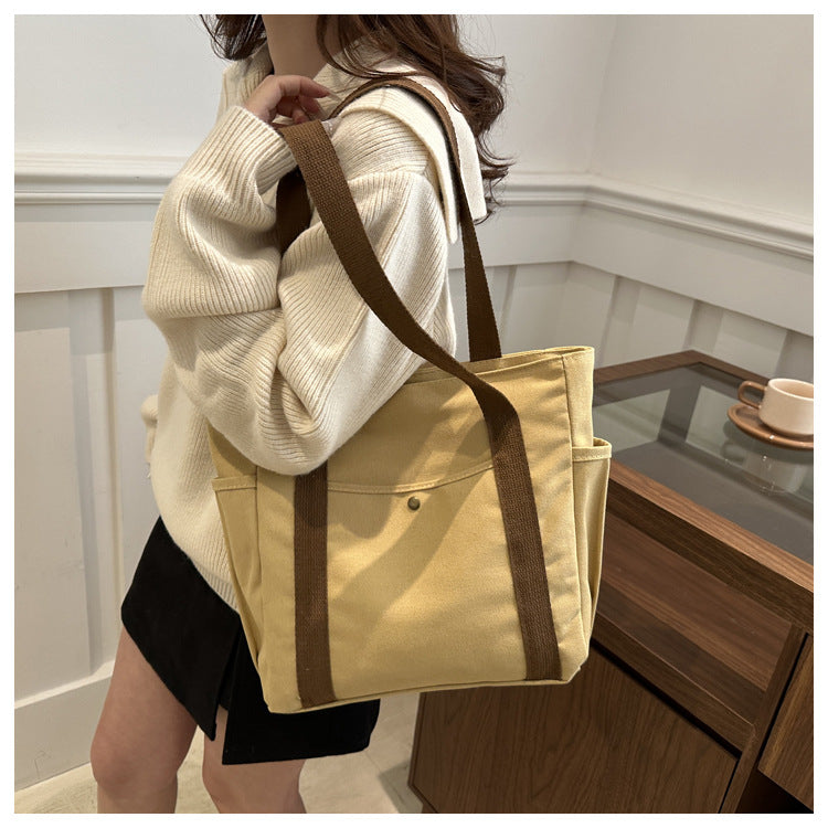 Bolso Tote De Lona Neta – Bolsillos Laterales, Doble Asa, Botón Dorado, 3 Colores
