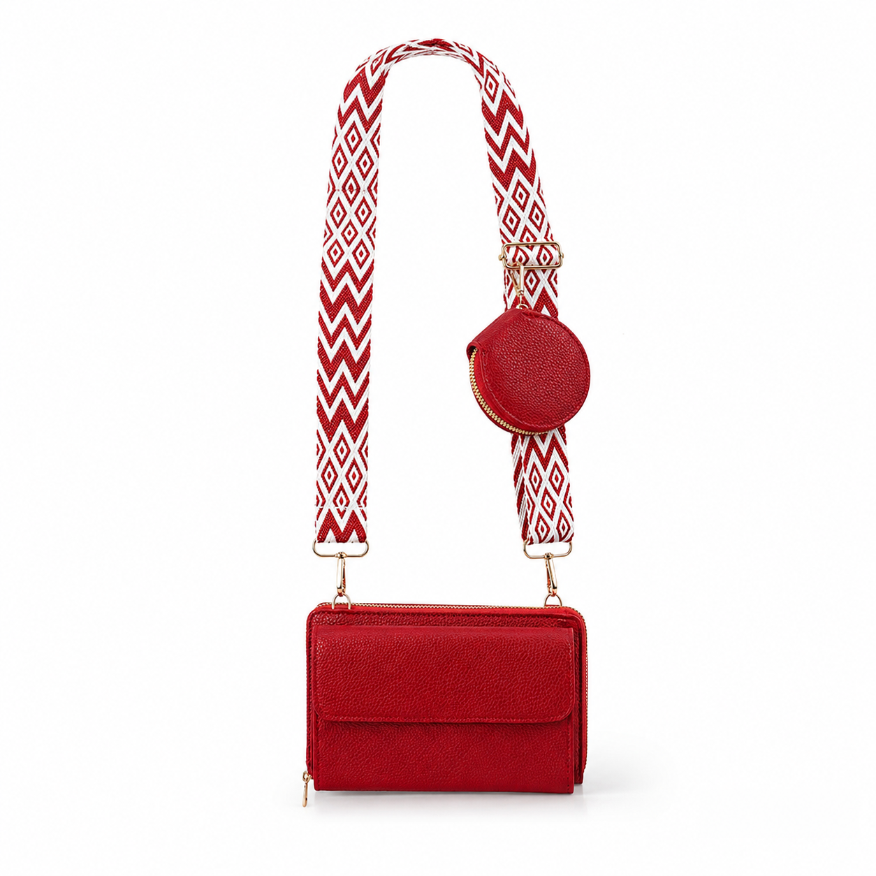 Bolso Bandolera Cartera Bane – Cuero Sintético, Correa Tejida Geométrica, Monedero Redondo, 18.5x10x4 cm