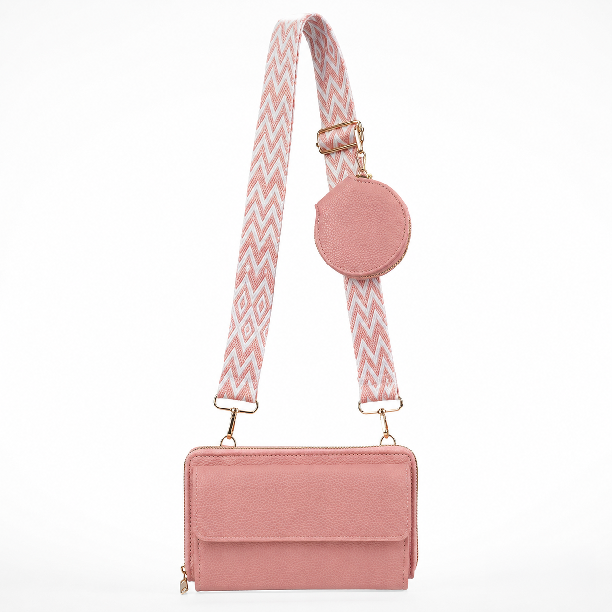 Bolso Bandolera Cartera Bane – Cuero Sintético, Correa Tejida Geométrica, Monedero Redondo, 18.5x10x4 cm