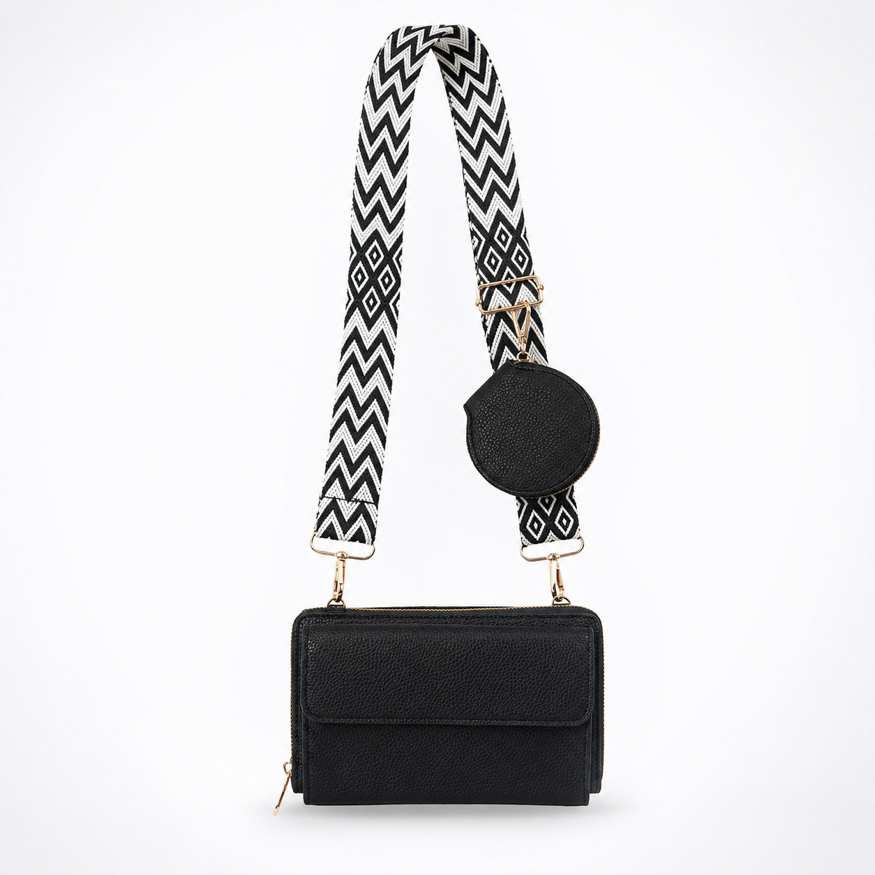 Bolso Bandolera Cartera Bane – Cuero Sintético, Correa Tejida Geométrica, Monedero Redondo, 18.5x10x4 cm