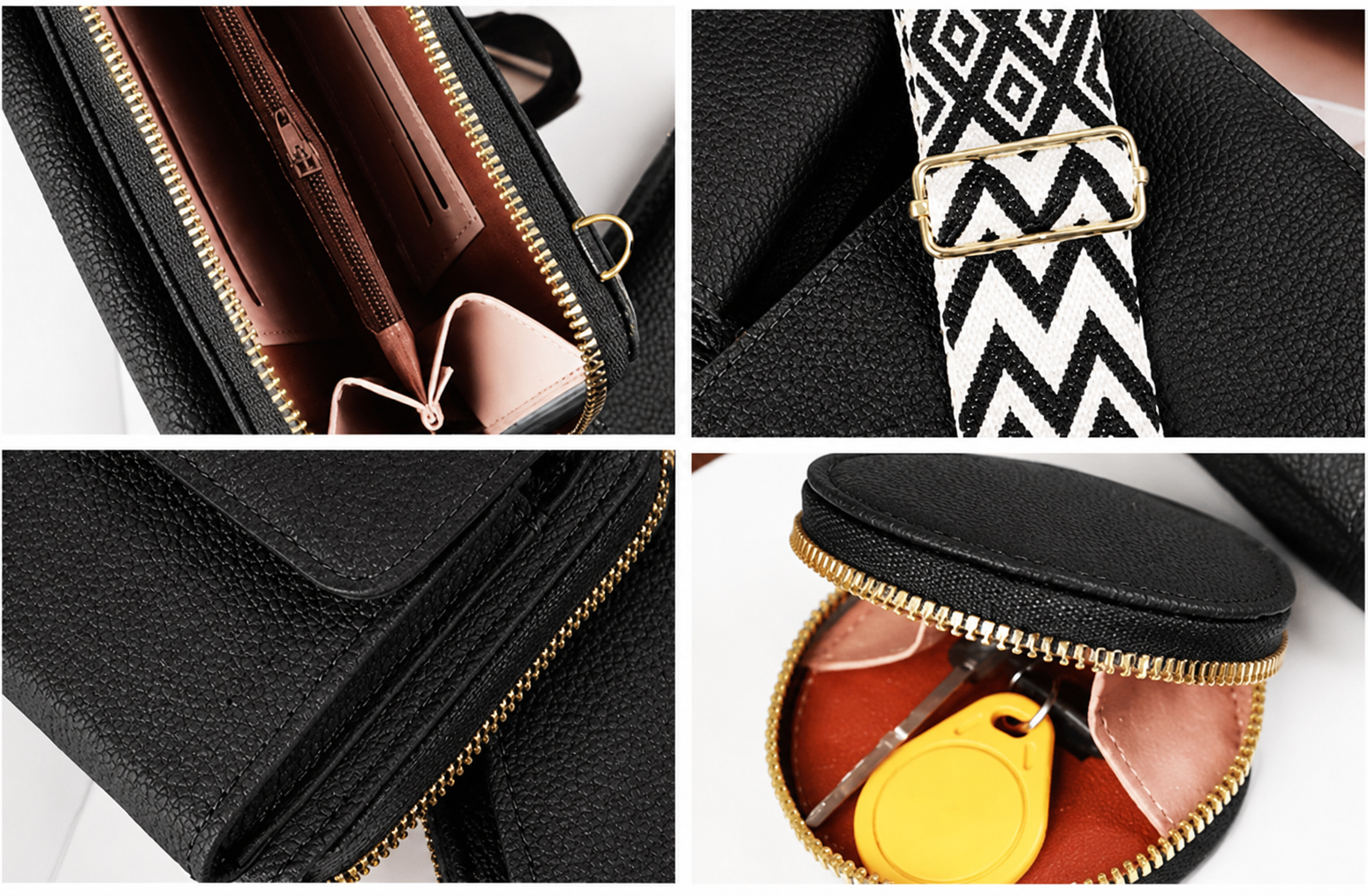 Bolso Bandolera Cartera Bane – Cuero Sintético, Correa Tejida Geométrica, Monedero Redondo, 18.5x10x4 cm