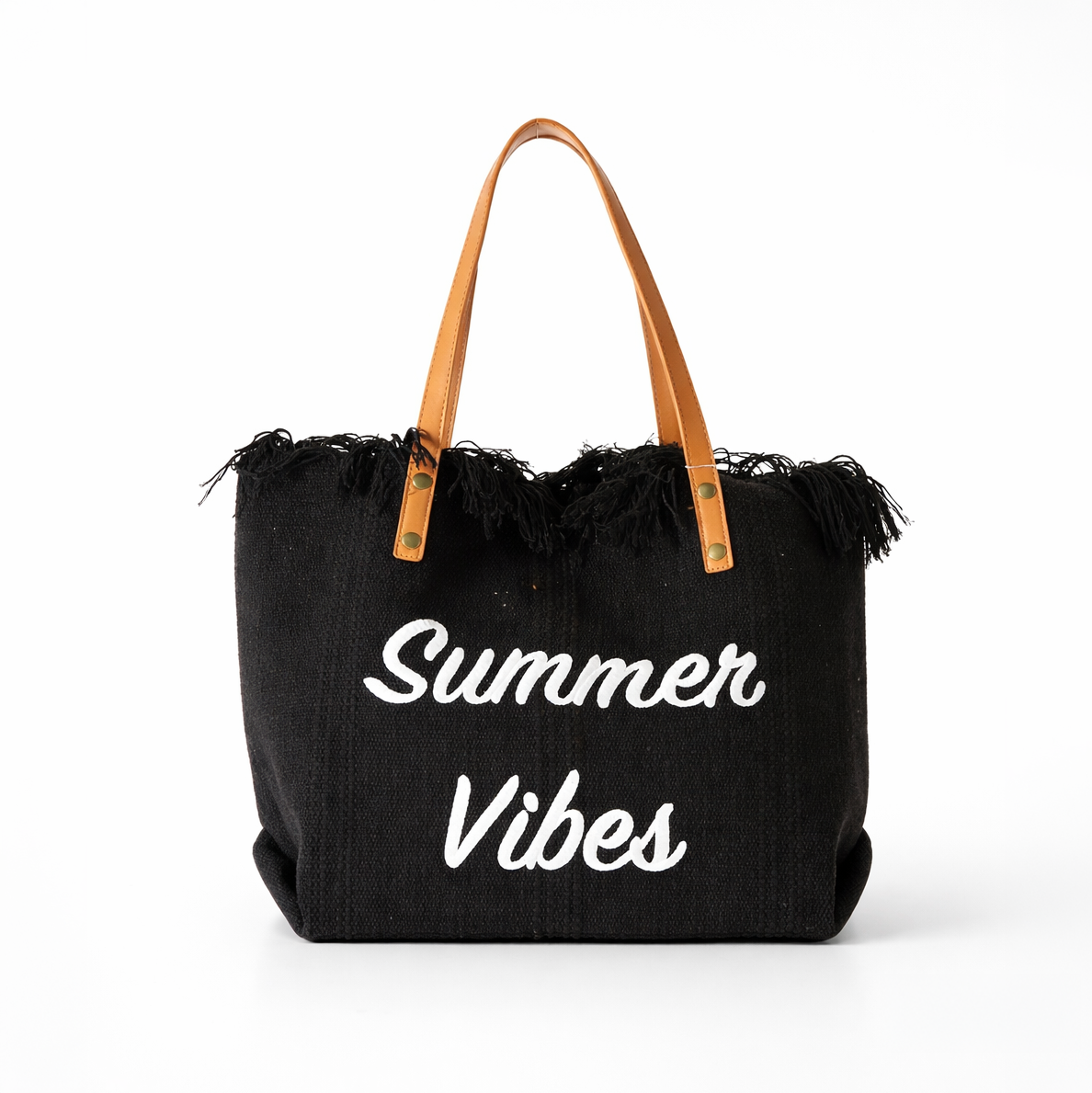 Bolso Tote Summer Vibes OCHO – Tela Tejida, Flecos, Asas De Cuero, 31x19x33 cm, 4 Colores