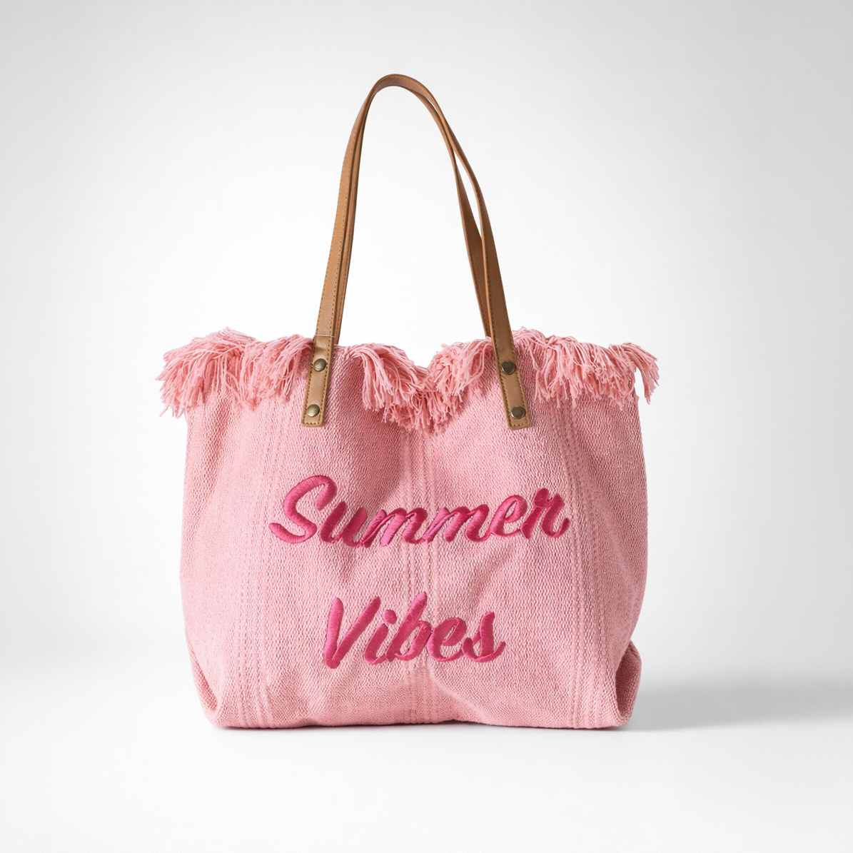 Bolso Tote Summer Vibes OCHO – Tela Tejida, Flecos, Asas De Cuero, 31x19x33 cm, 4 Colores