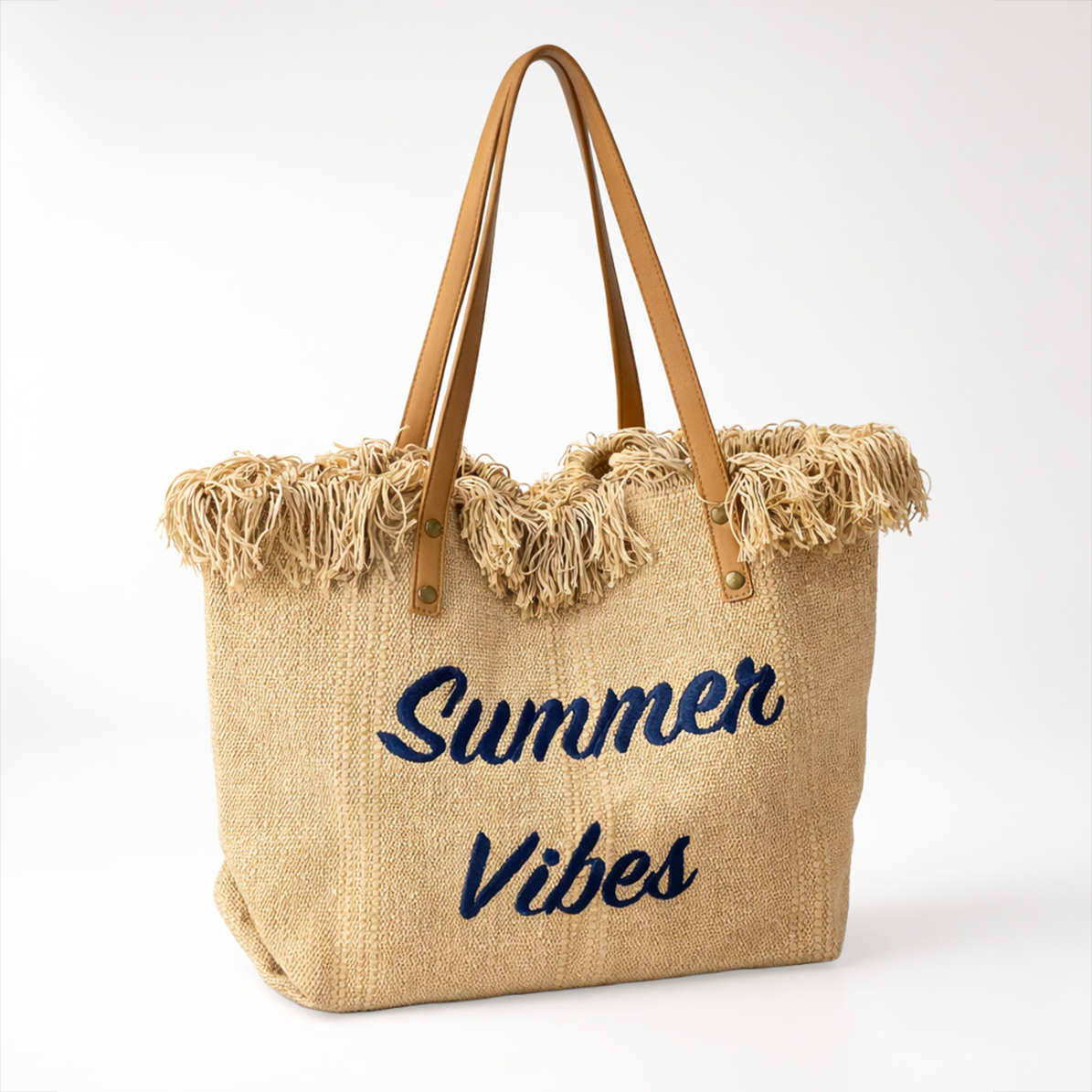 Bolso Tote Summer Vibes OCHO – Tela Tejida, Flecos, Asas De Cuero, 31x19x33 cm, 4 Colores