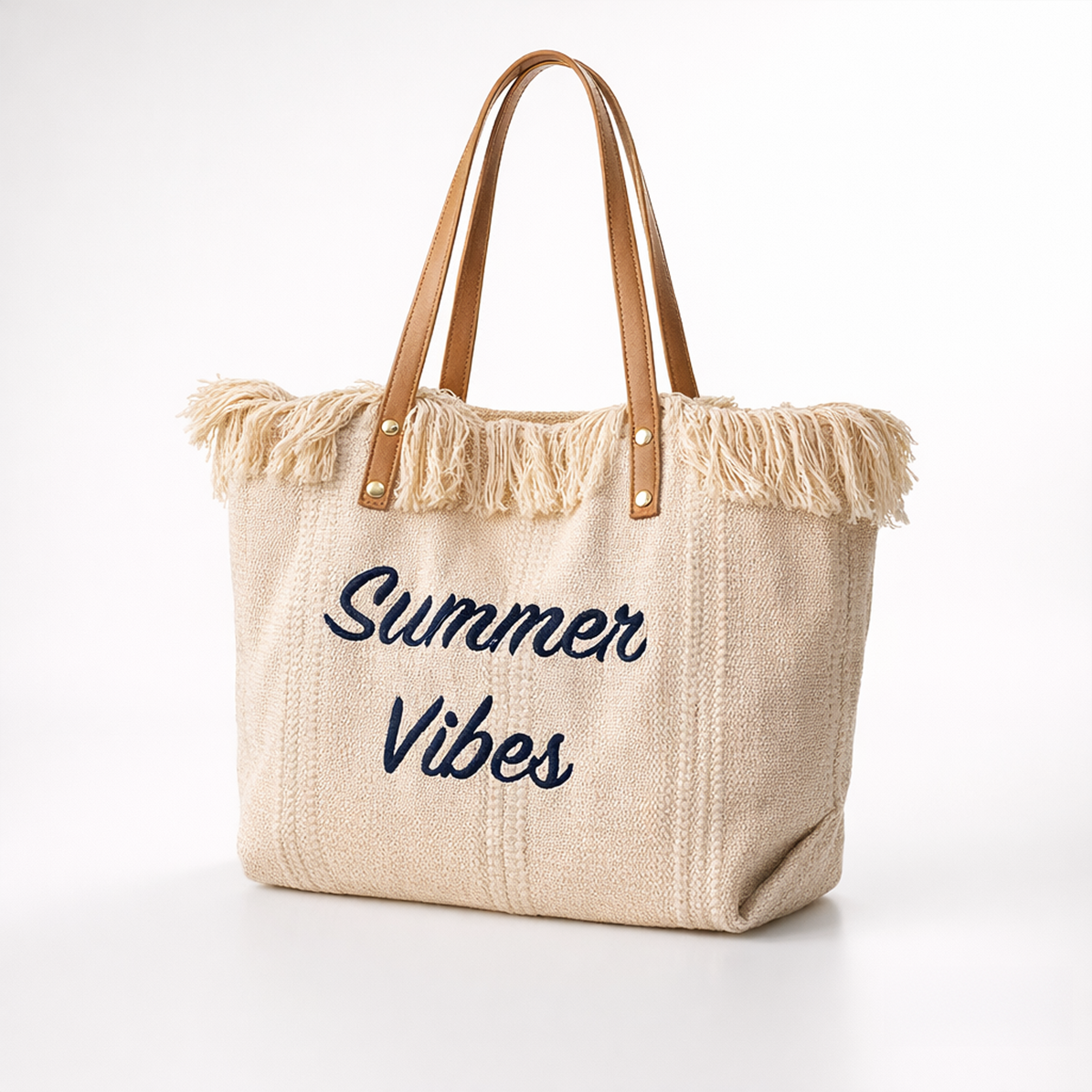 Bolso Tote Summer Vibes OCHO – Tela Tejida, Flecos, Asas De Cuero, 31x19x33 cm, 4 Colores