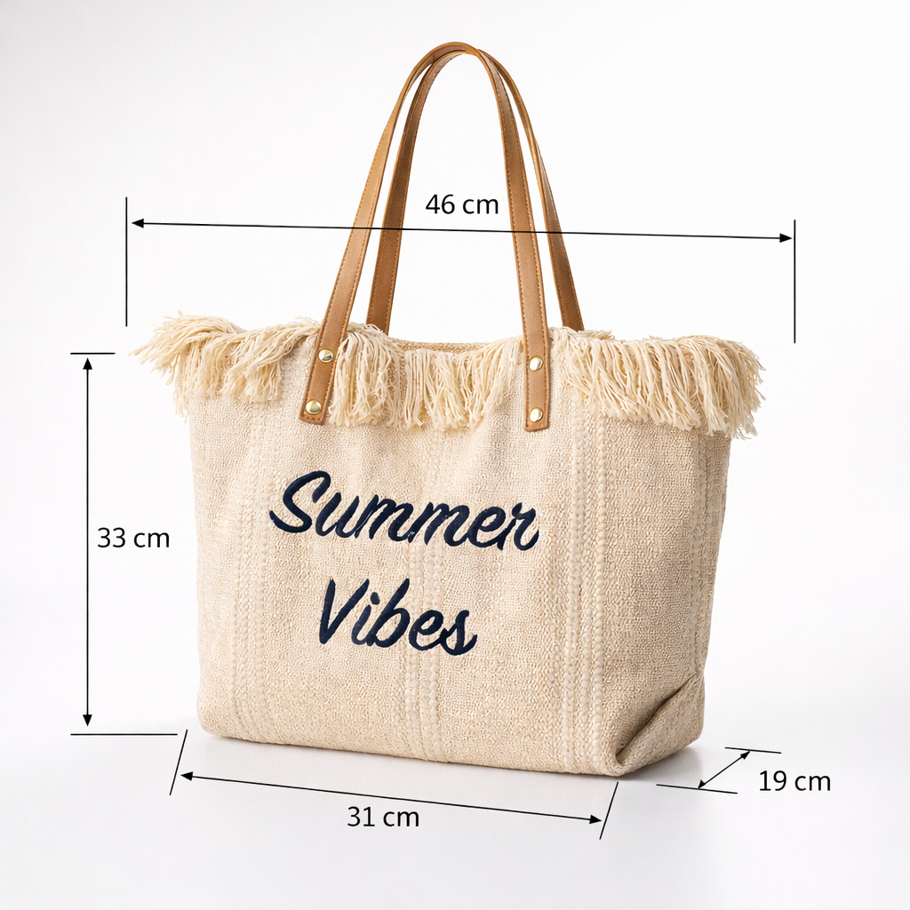 Bolso Tote Summer Vibes OCHO – Tela Tejida, Flecos, Asas De Cuero, 31x19x33 cm, 4 Colores