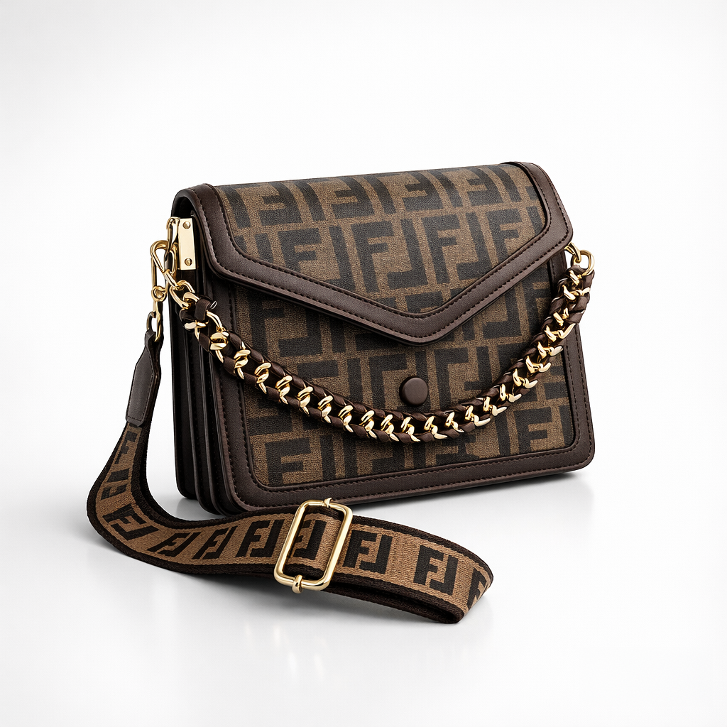 Bolso Bandolera Tipo Sobre Keri – Patrón Monograma, Cadena Dorada, Correa Ancha, 2 Colores