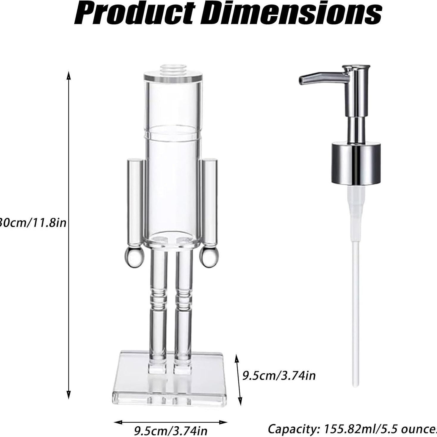 Dispensador de jabón figura humana acrílico Inti — 30 cm, bomba plateada, 155 ml.