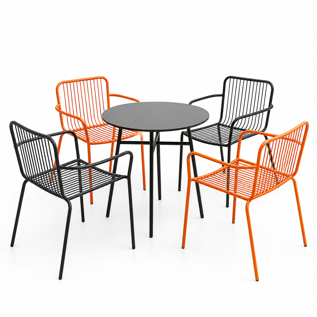 Conjunto Bistró Exterior Laury – 5 Piezas, Mesa Redonda + 4 Sillones de Varillas Metal, 3 Colores
