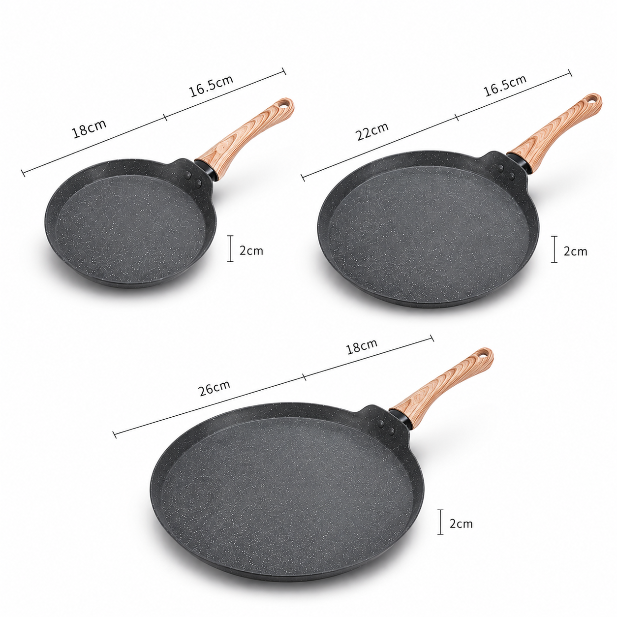 Set de 3 sartenes antiadherentes efecto mármol Ventura — mango estilo madera, 3 tamaños.