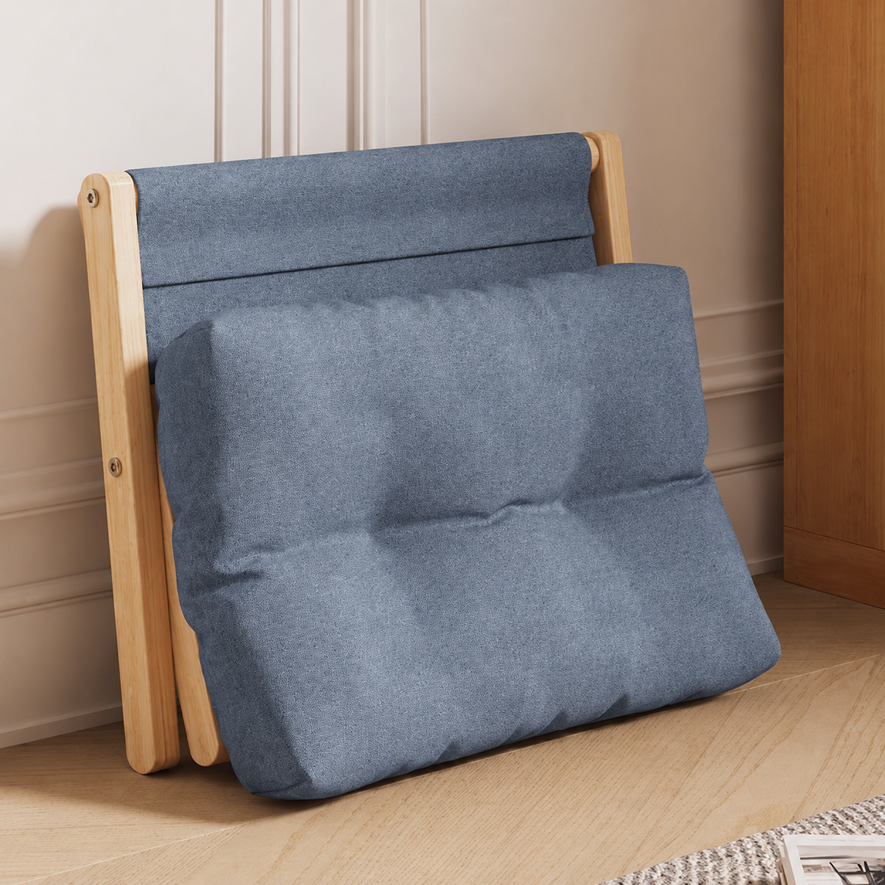 Taburete Plegable de Madera con Cojín Base en X Azul