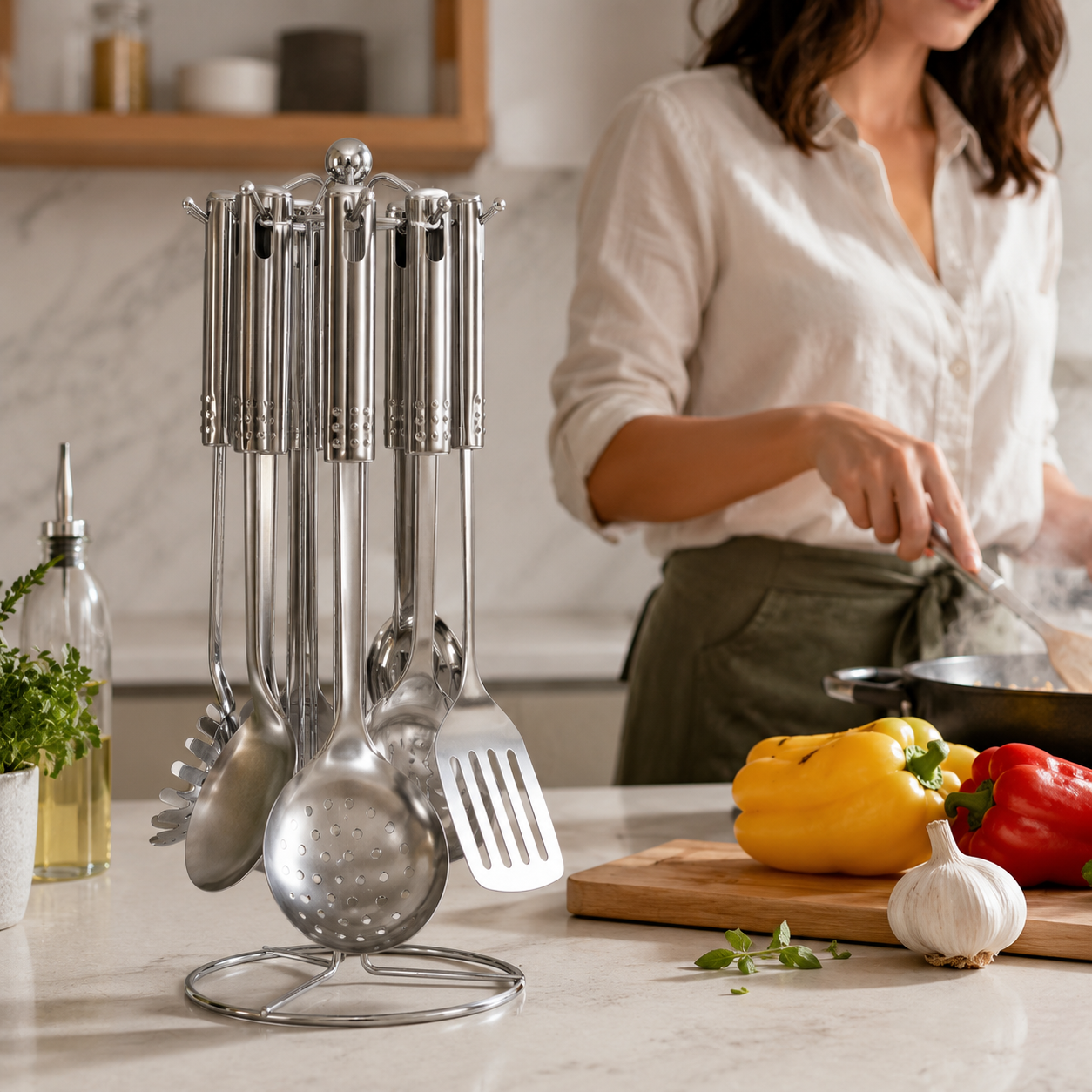 Set de 7 utensilios de cocina acero inoxidable Wanda — con soporte giratorio.