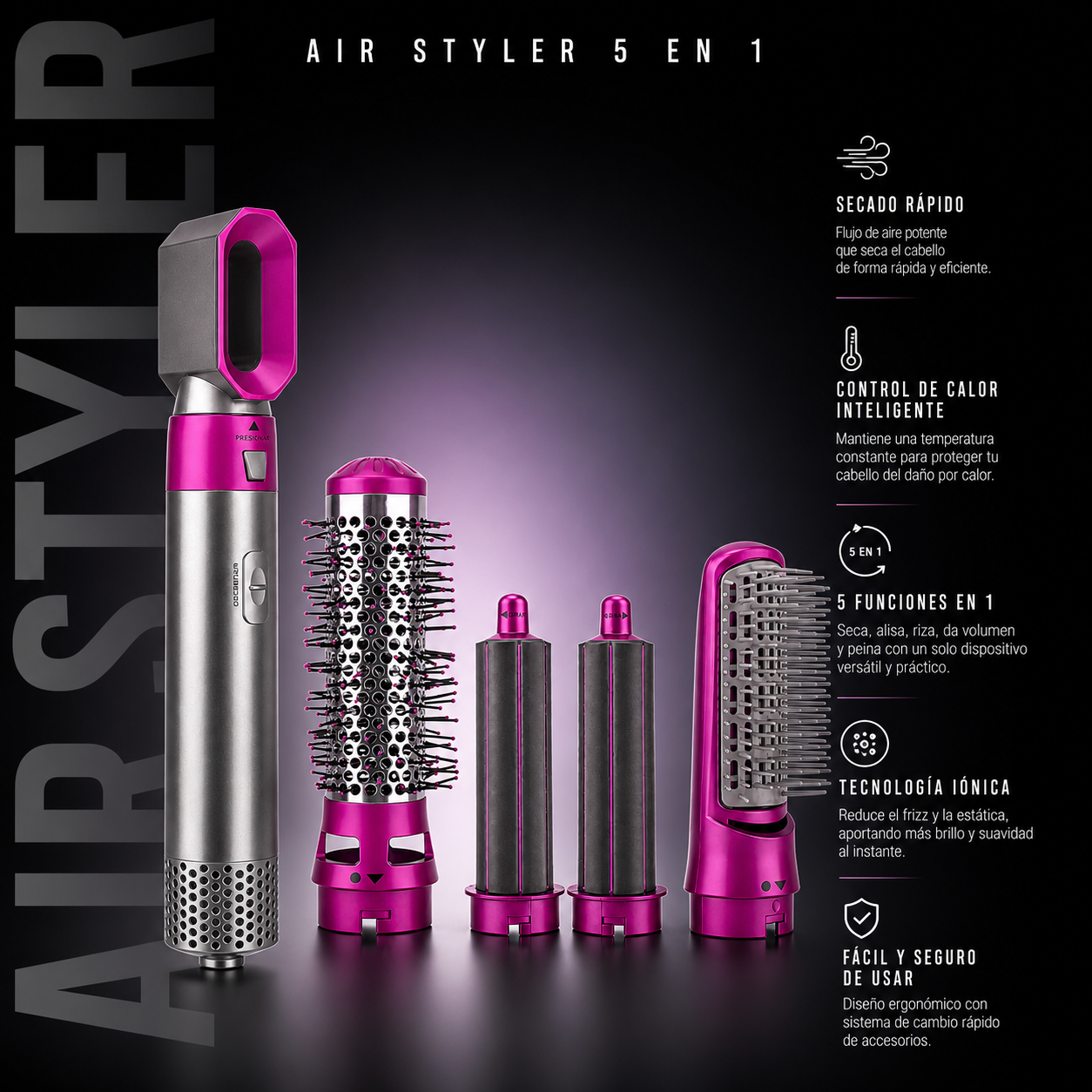 Estilizador de cabello 5 en 1 multifuncional Loreley — seca, riza, alisa y da volumen