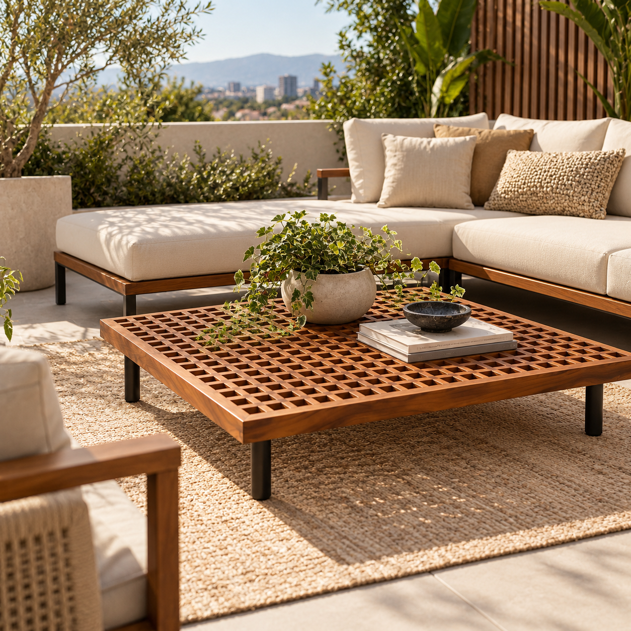 Mesa de Centro Cuadrada para Exterior con Cubierta de Rejilla, Coleccion Clash/Vianey | Café y Negro | CASA PUNTO