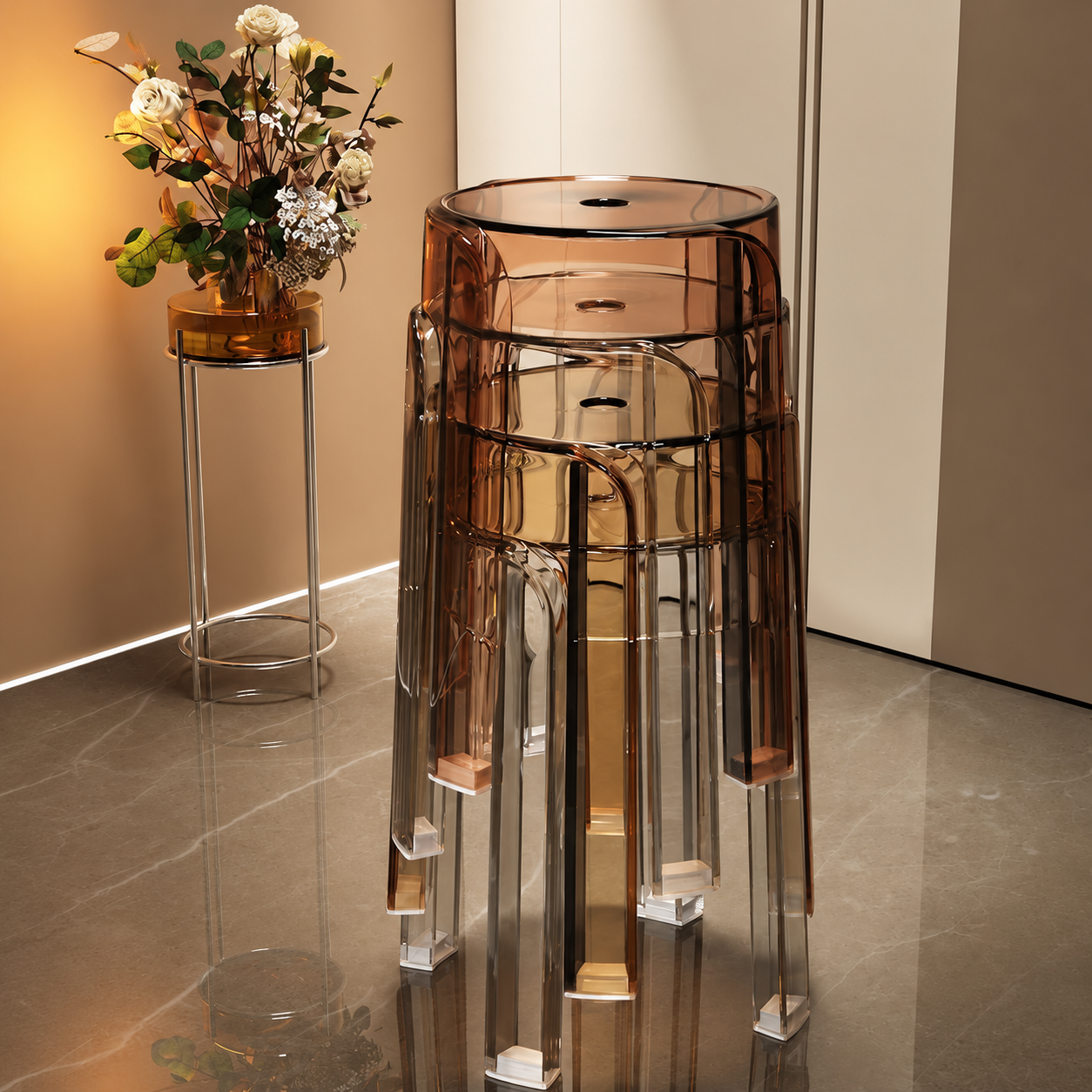 Silla de acrílico de gran espesor / taburete de plástico / taburete redondo apilable / banco sencillo de salón / silla de comedor / estilo moderno minimalista transparente