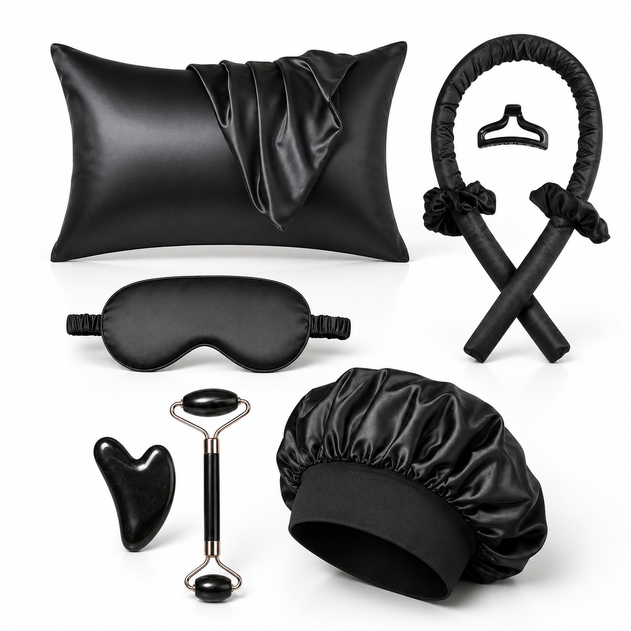 Kit de Cuidado Nocturno 9 Piezas de Satín | Funda, Gorro, Antifaz, Rodillo y Más | D'COCO