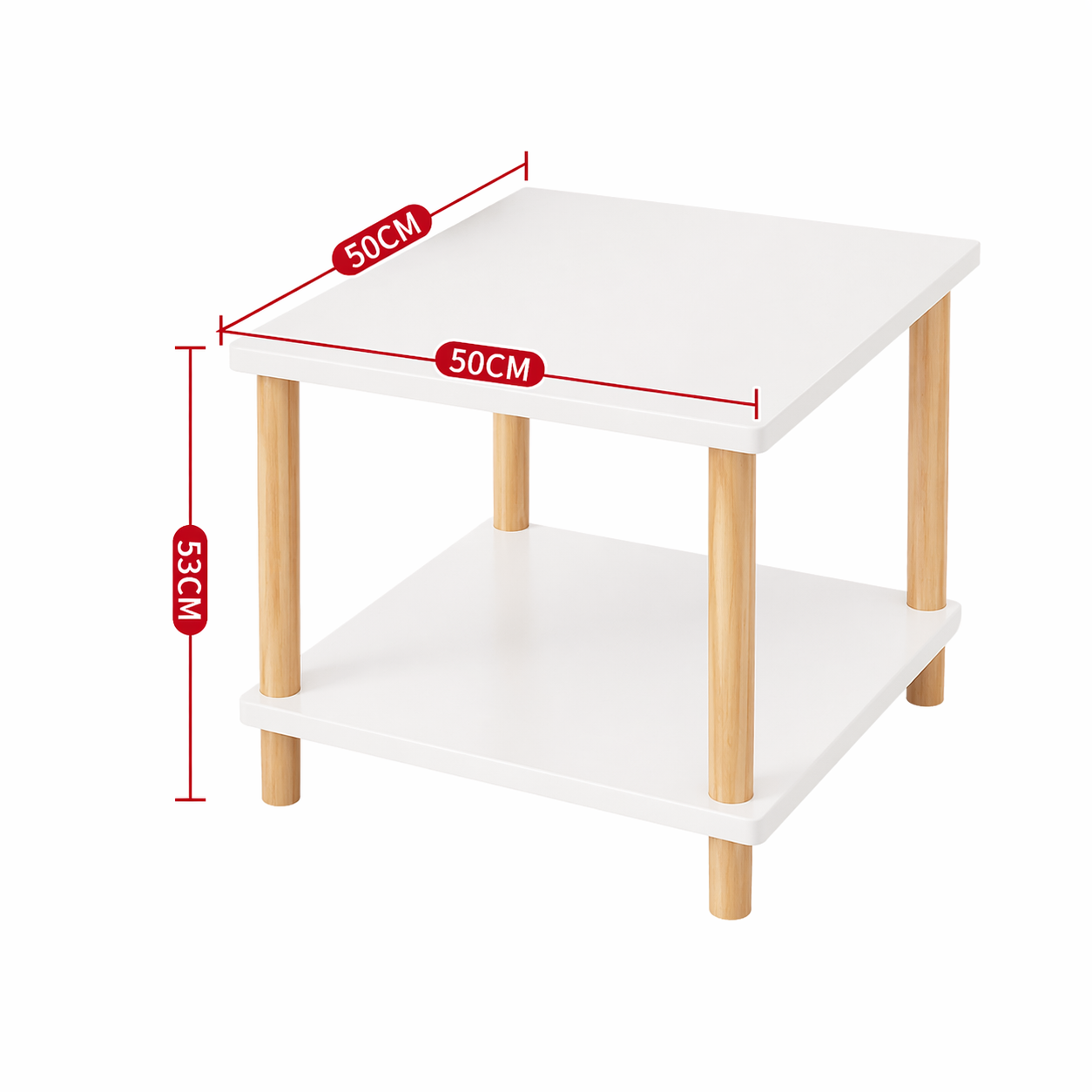 Mesa Auxiliar De 2 Niveles Bek – Tablero Blanco, Patas De Madera Natural, 50x50x53 cm