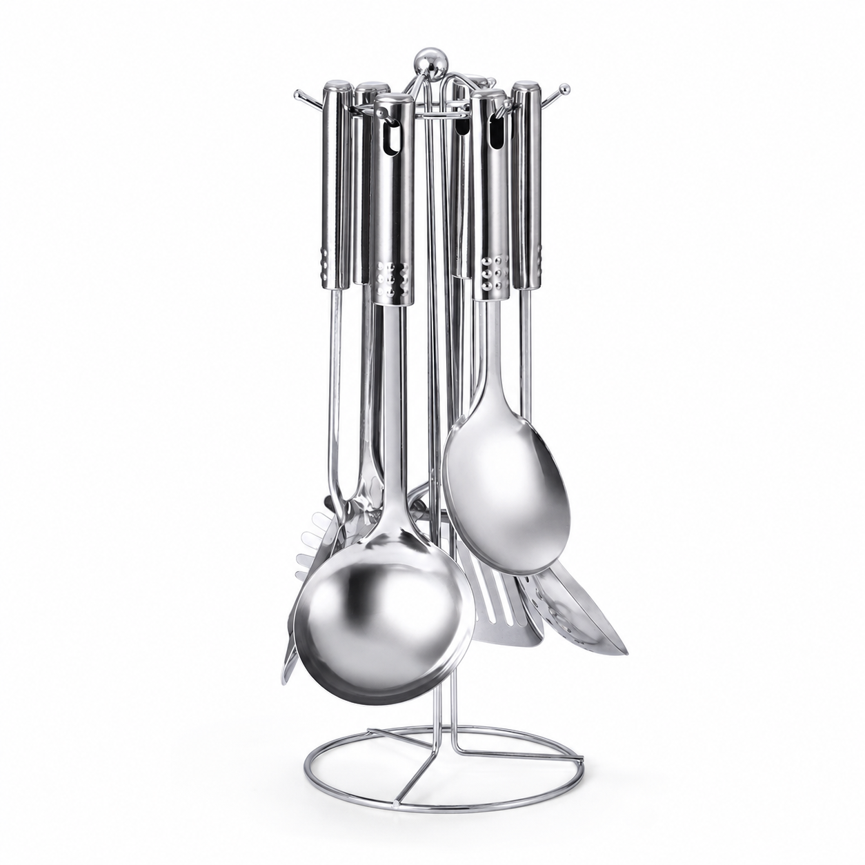 Set de 7 utensilios de cocina acero inoxidable Wanda — con soporte giratorio.