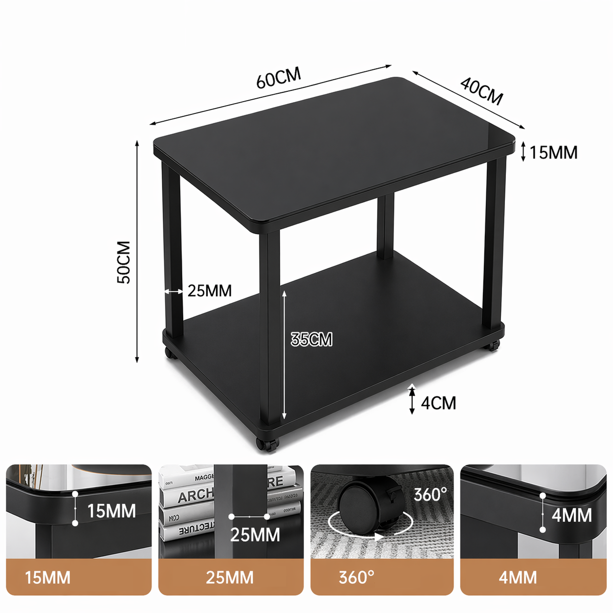 Mesa Auxiliar De 2 Niveles Tui – Vidrio Templado Negro, 4 Ruedas Giratorias, 60x40x50 cm