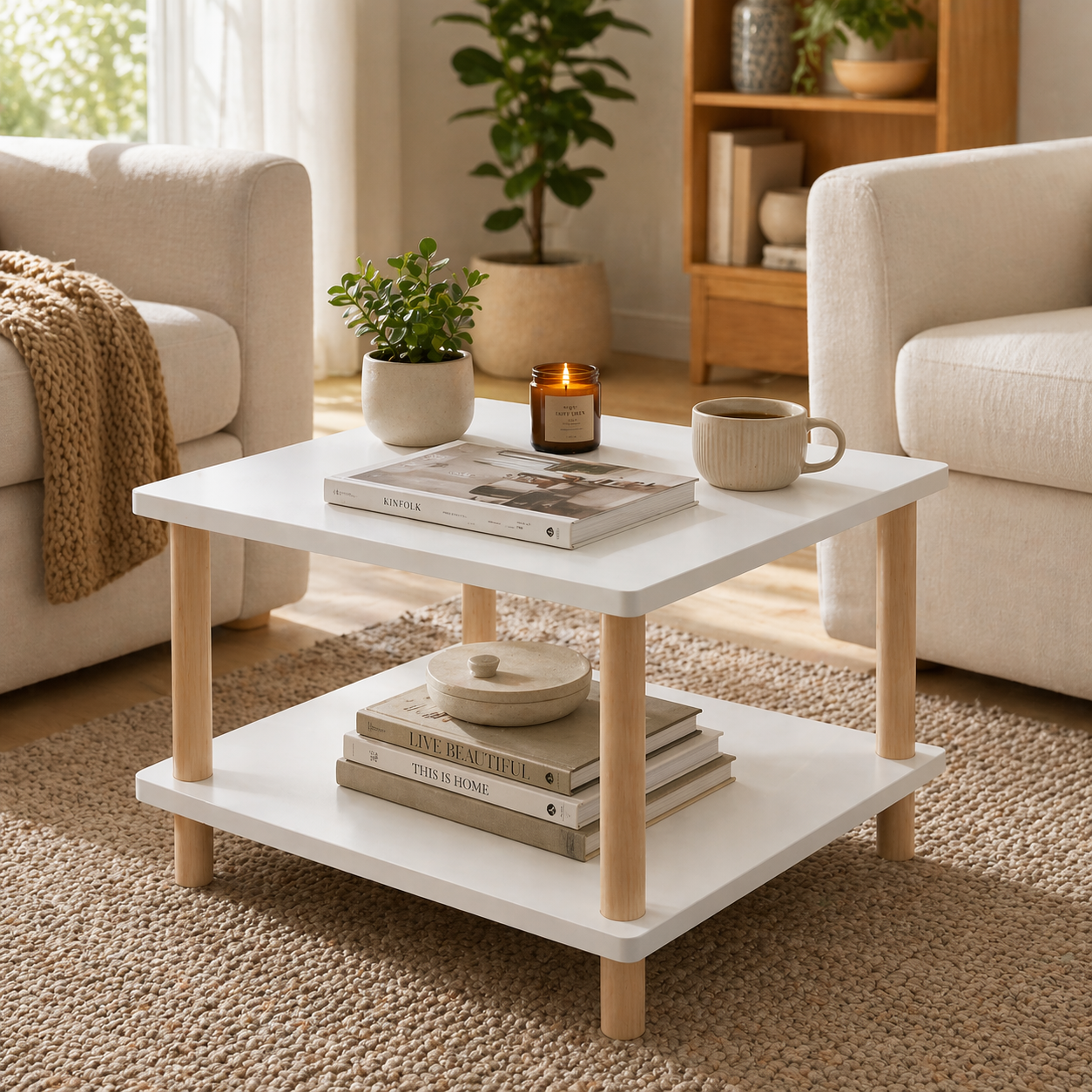 Mesa Auxiliar De 2 Niveles Bek – Tablero Blanco, Patas De Madera Natural, 50x50x53 cm