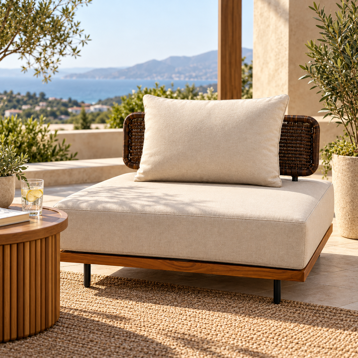 Sofá Individual de Exterior Brazu con Cojín y Respaldo Trenzado | Beige y Café | CASA PUNTO