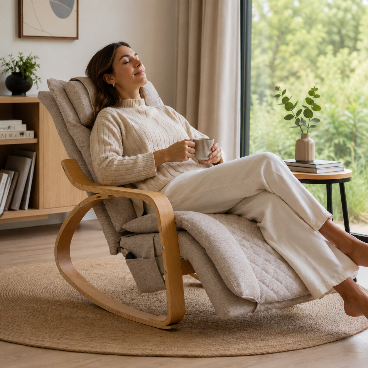 Mecedora de masaje eléctrico estilo escandinavo Haydee — lino beige, madera natural, control inteligente.
