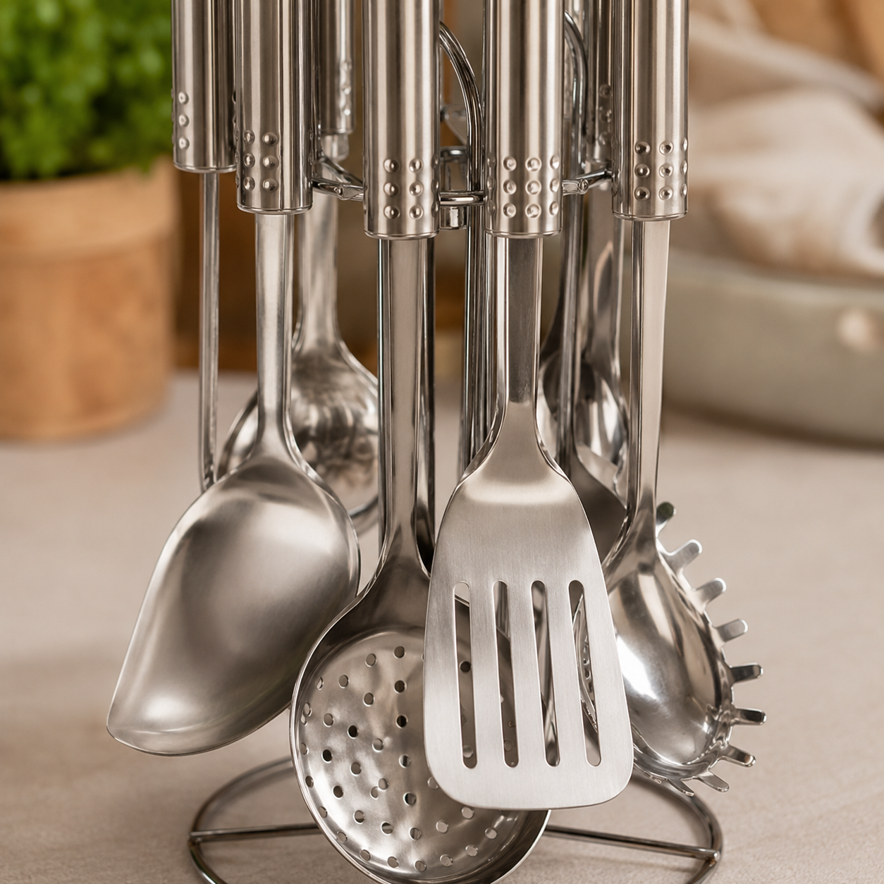 Set de 7 utensilios de cocina acero inoxidable Wanda — con soporte giratorio.