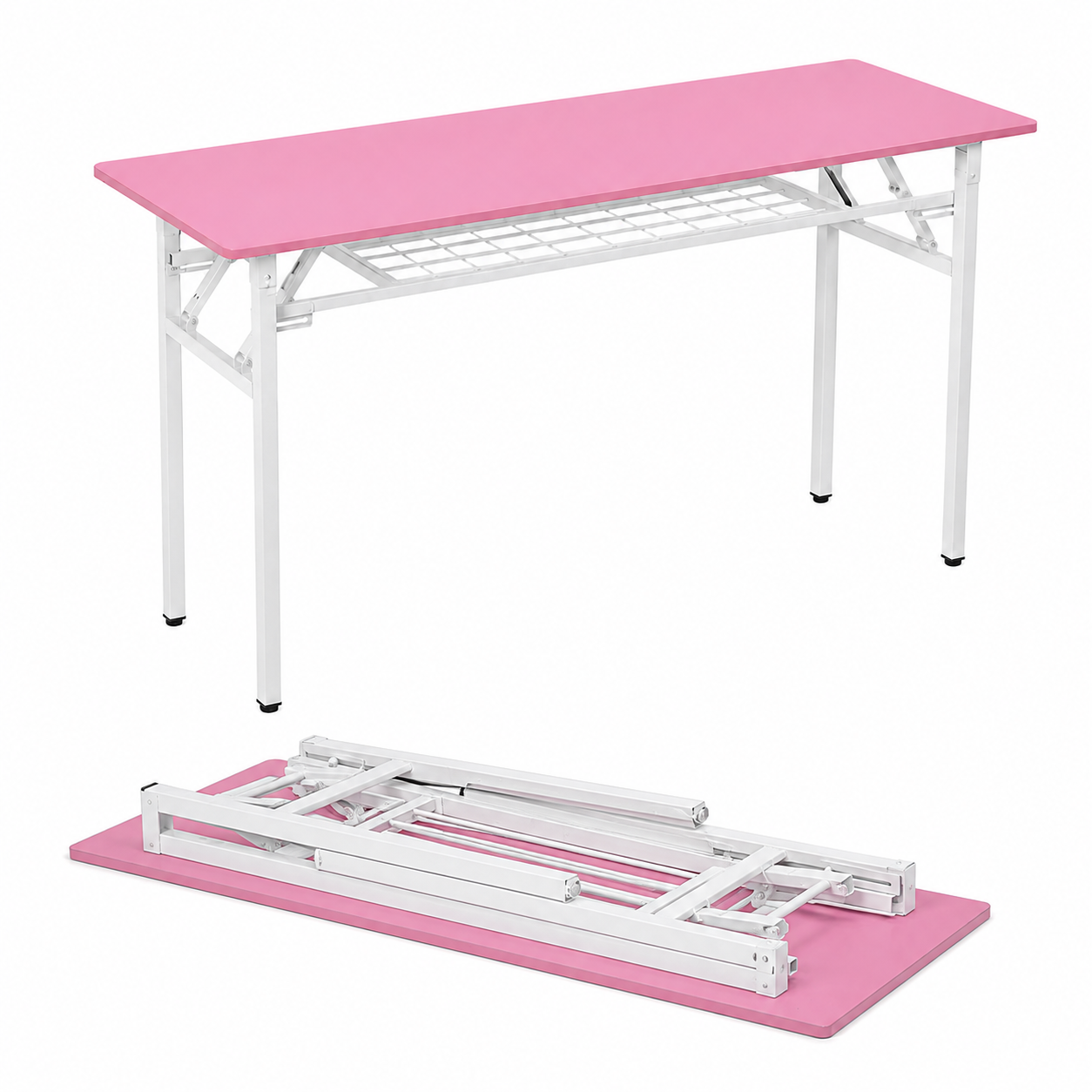 Mesa Plegable Con Repisa Inferior Stella – Tablero MDF Rosa, Estructura Blanca, 3 Tamaños
