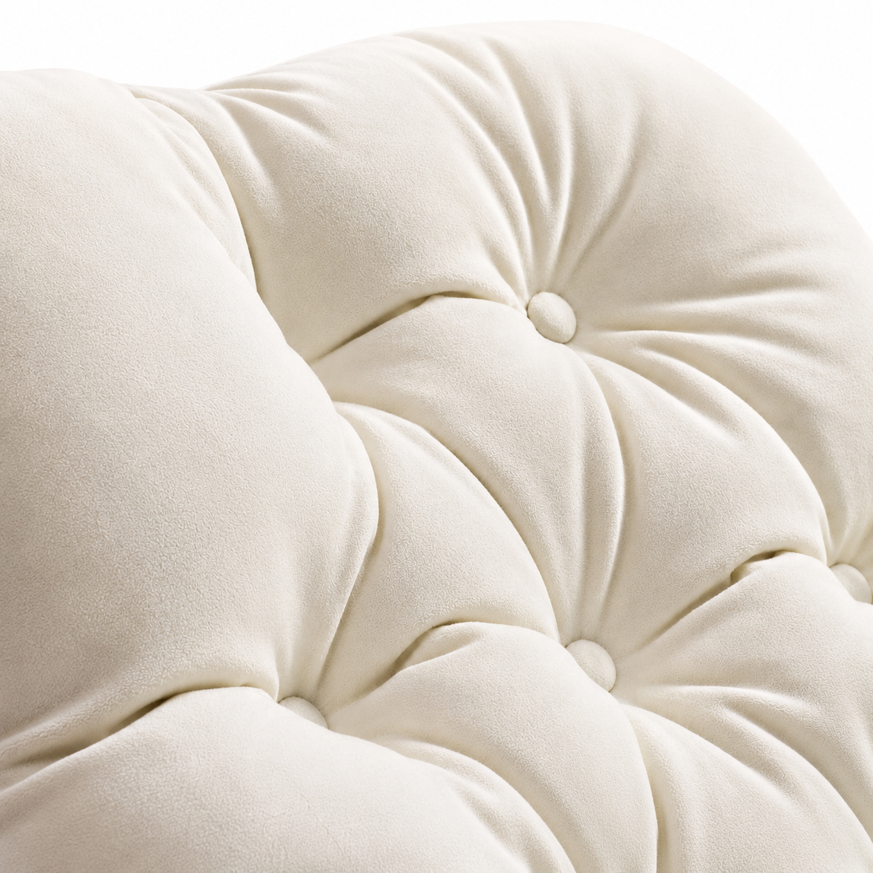 Mecedora individual con puf a juego Imelda — acolchado tufted beige, estilo nórdico moderno.
