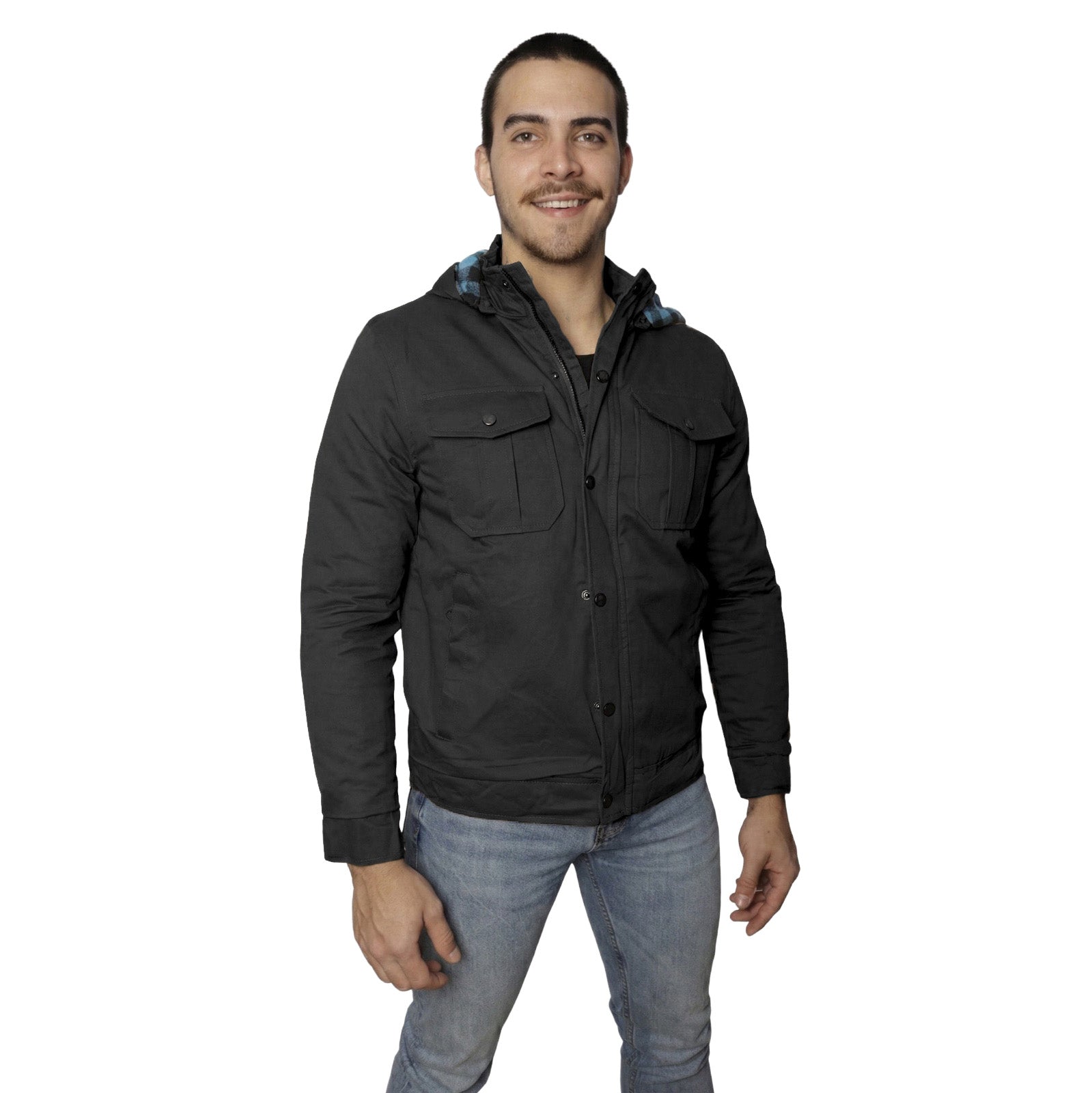 Chamarra Para Hombre Samir 23003 – Chamarra Tipo Chore Coat para Hombre con Capucha | Exterior Canvas Mate, Forro de Franela a Cuadros Azul, 2 Bolsillos en el Pecho, Puños Elásticos, Botonadura Oscura | S–XL