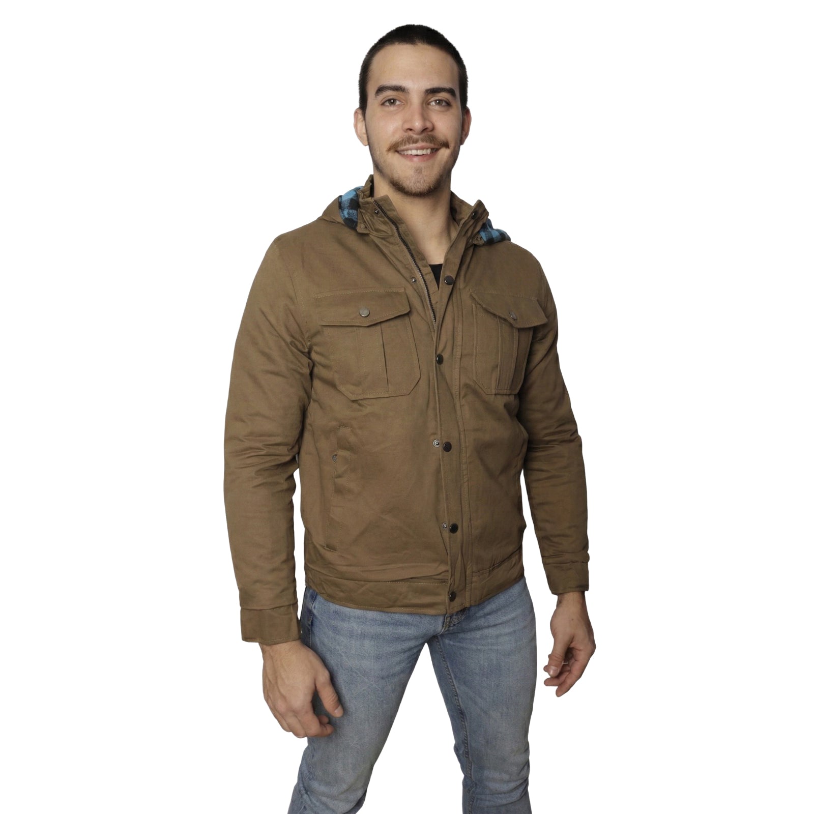 Chamarra Para Hombre Samir 23003 – Chamarra Tipo Chore Coat para Hombre con Capucha | Exterior Canvas Mate, Forro de Franela a Cuadros Azul, 2 Bolsillos en el Pecho, Puños Elásticos, Botonadura Oscura | S–XL