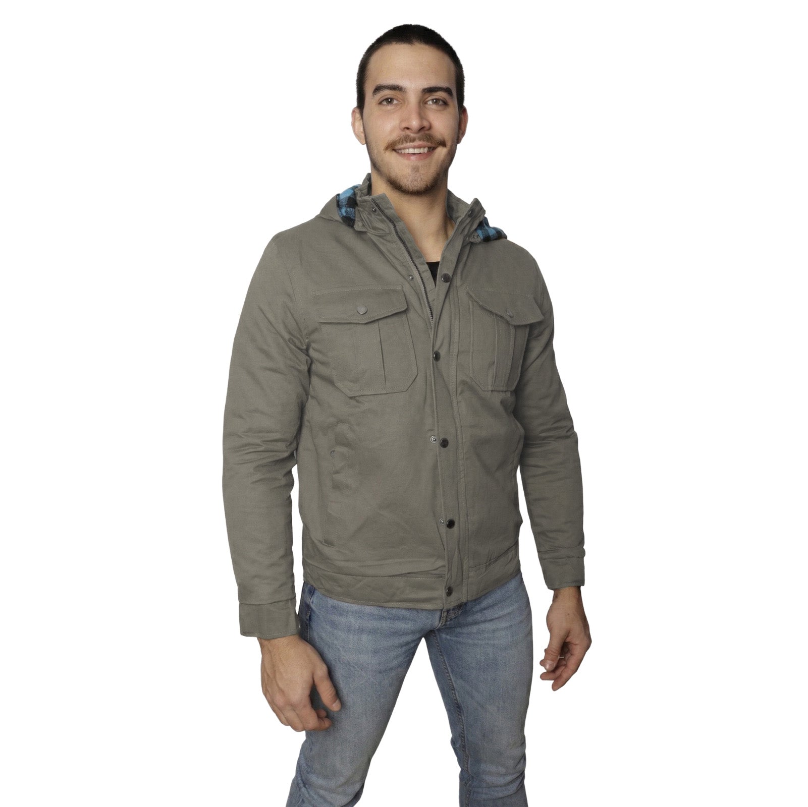 Chamarra Para Hombre Samir 23003 – Chamarra Tipo Chore Coat para Hombre con Capucha | Exterior Canvas Mate, Forro de Franela a Cuadros Azul, 2 Bolsillos en el Pecho, Puños Elásticos, Botonadura Oscura | S–XL