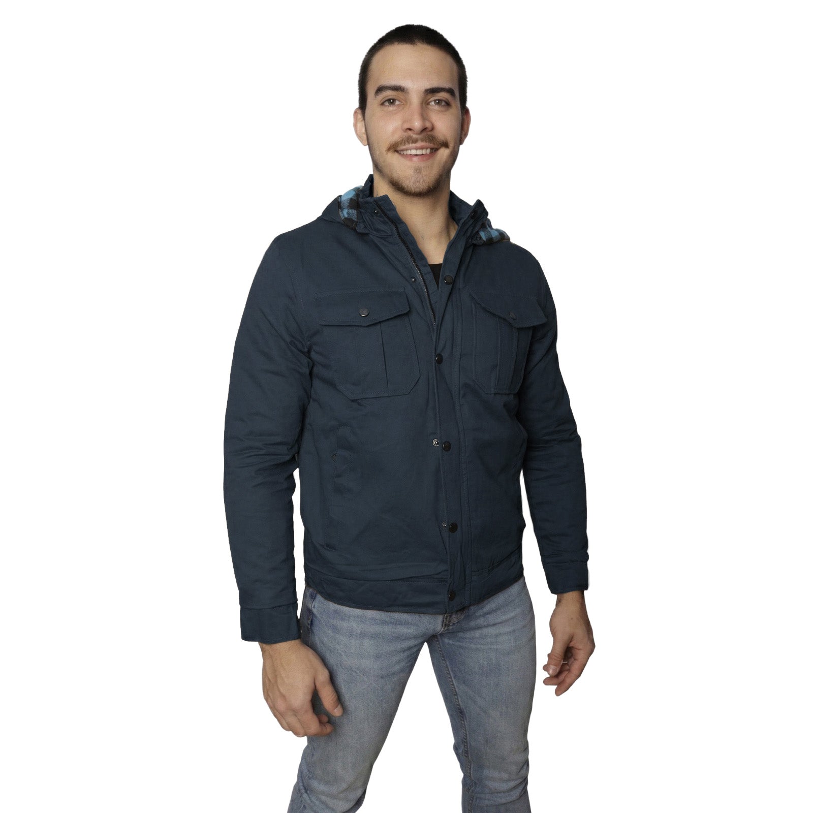Chamarra Para Hombre Samir 23003 – Chamarra Tipo Chore Coat para Hombre con Capucha | Exterior Canvas Mate, Forro de Franela a Cuadros Azul, 2 Bolsillos en el Pecho, Puños Elásticos, Botonadura Oscura | S–XL