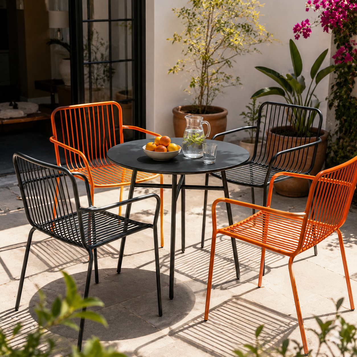 Conjunto Bistró Exterior Laury – 5 Piezas, Mesa Redonda + 4 Sillones de Varillas Metal, 3 Colores