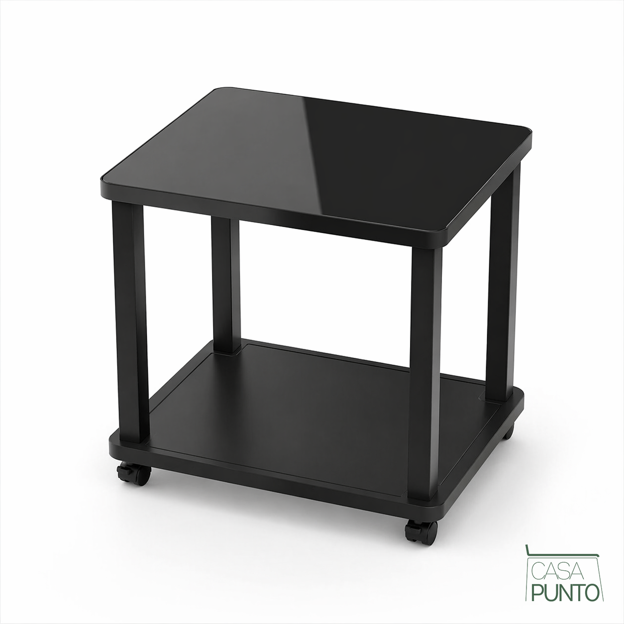 Mesa Auxiliar De 2 Niveles Tui – Vidrio Templado Negro, 4 Ruedas Giratorias, 60x40x50 cm