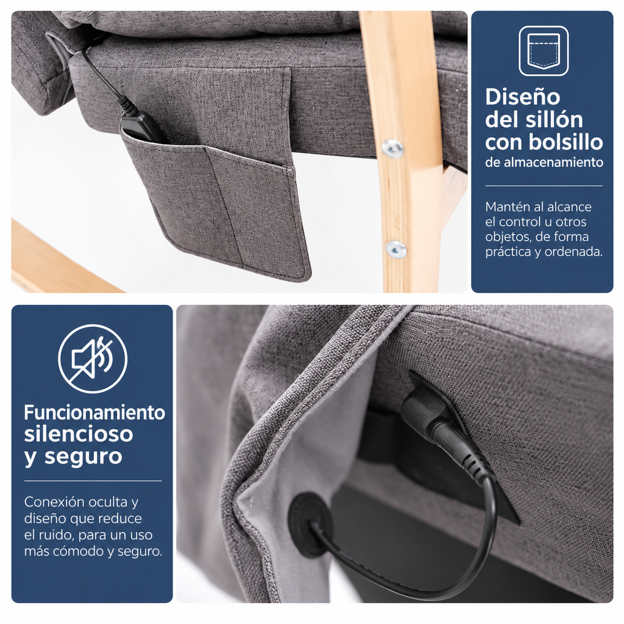 Mecedora de masaje eléctrico estilo escandinavo Haydee — lino beige, madera natural, control inteligente.