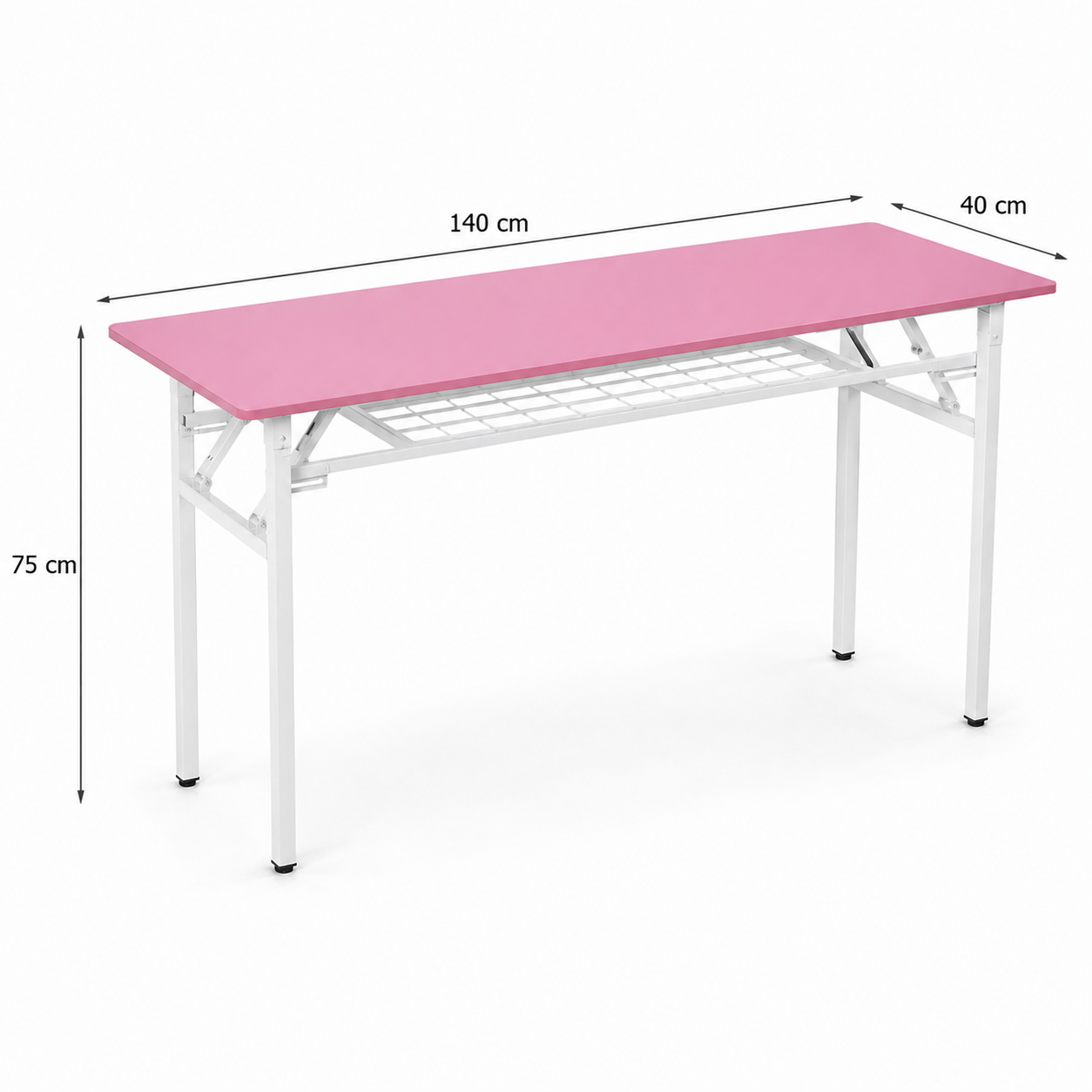 Mesa Plegable Con Repisa Inferior Stella – Tablero MDF Rosa, Estructura Blanca, 3 Tamaños
