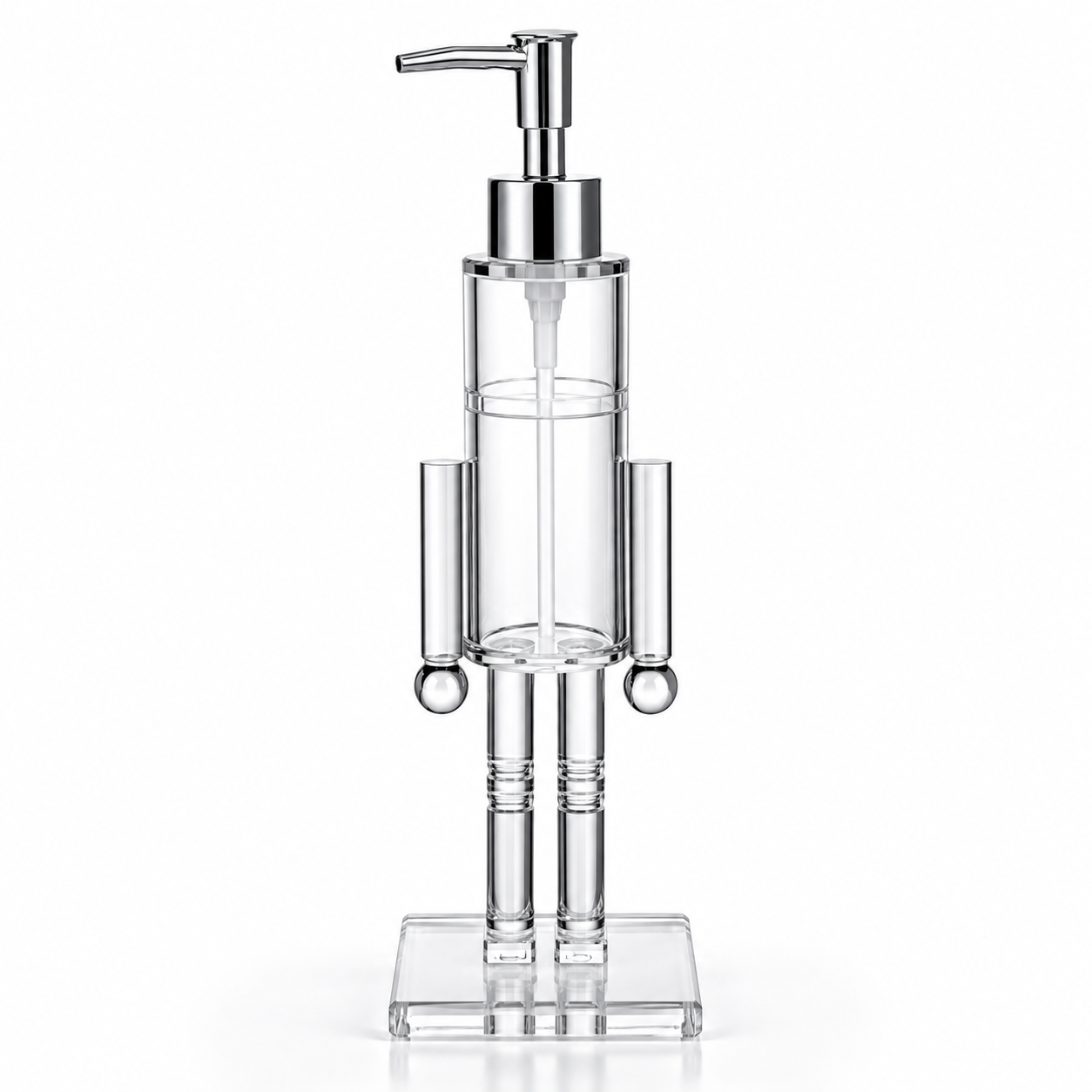 Dispensador de jabón figura humana acrílico Inti — 30 cm, bomba plateada, 155 ml.