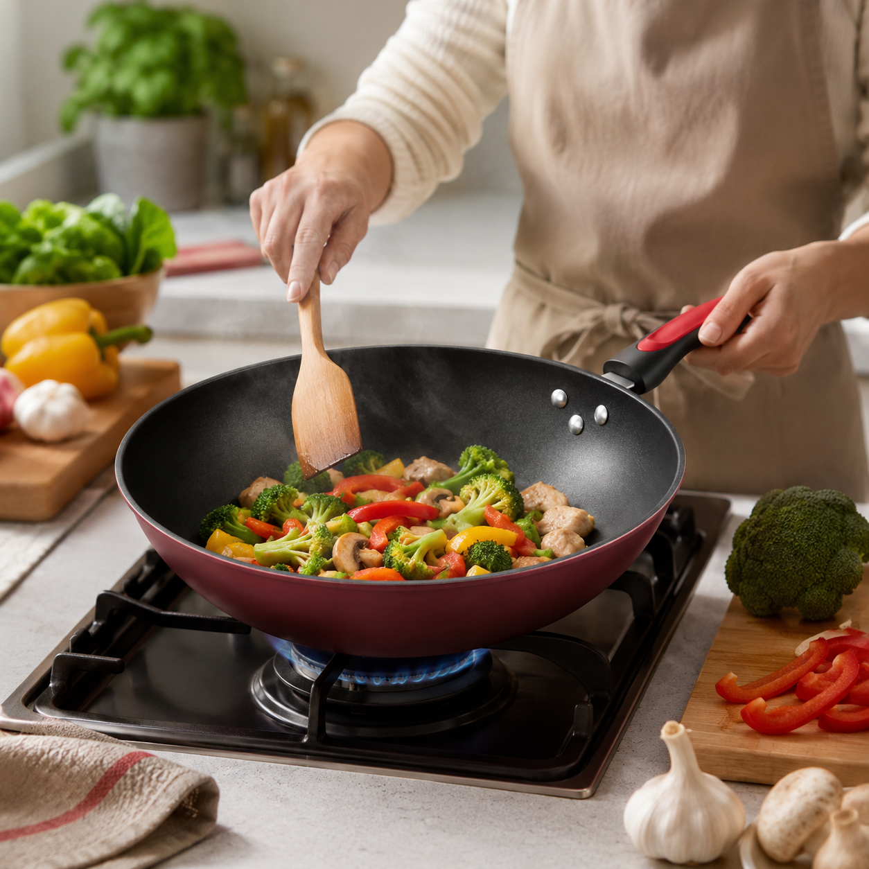 Sarten Wok antiadherente sin humo 3 piezas Quirina — set con tapa de vidrio