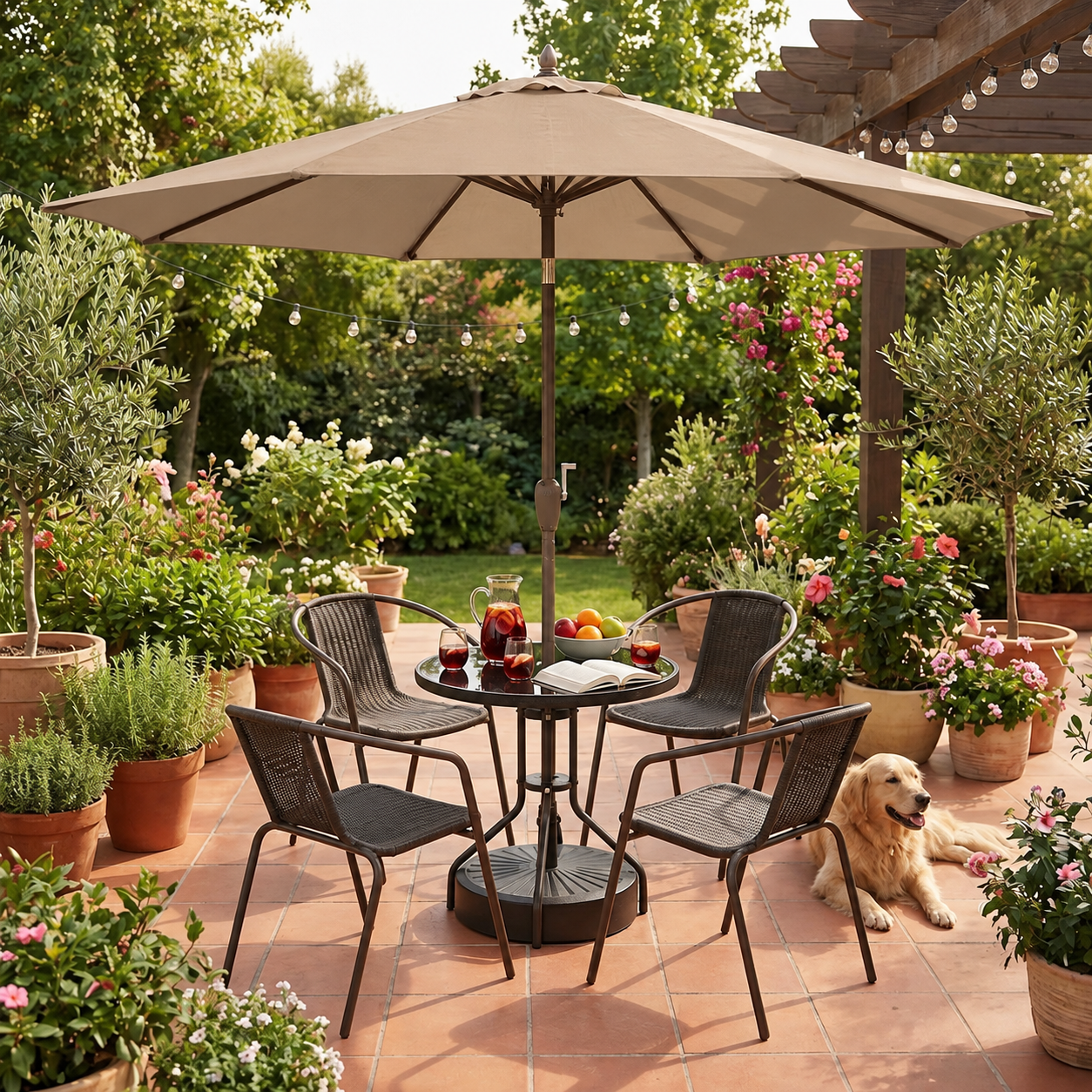 Conjunto de patio moderno Oscar negro con sombrilla - Mesa y sillas de comedor de exterior contemporáneas 6 piezas