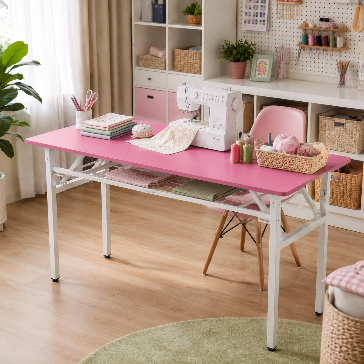 Mesa Plegable Con Repisa Inferior Stella – Tablero MDF Rosa, Estructura Blanca, 3 Tamaños
