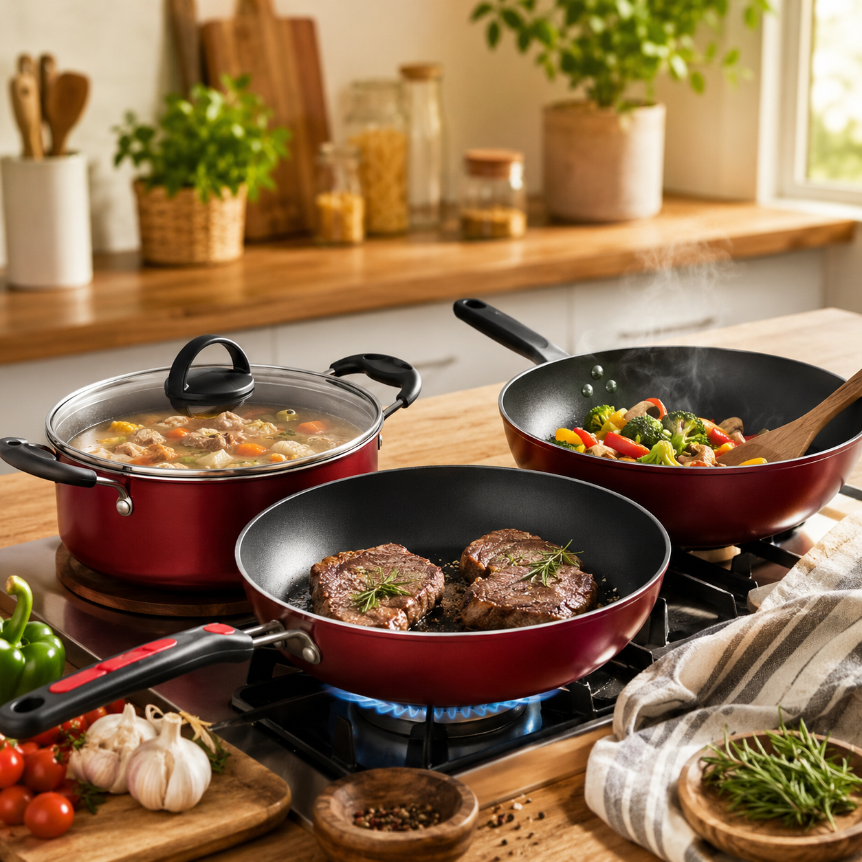 Set de cocina antiadherente 3 piezas Paulette — wok, sartén y tapa de vidrio, color granate.