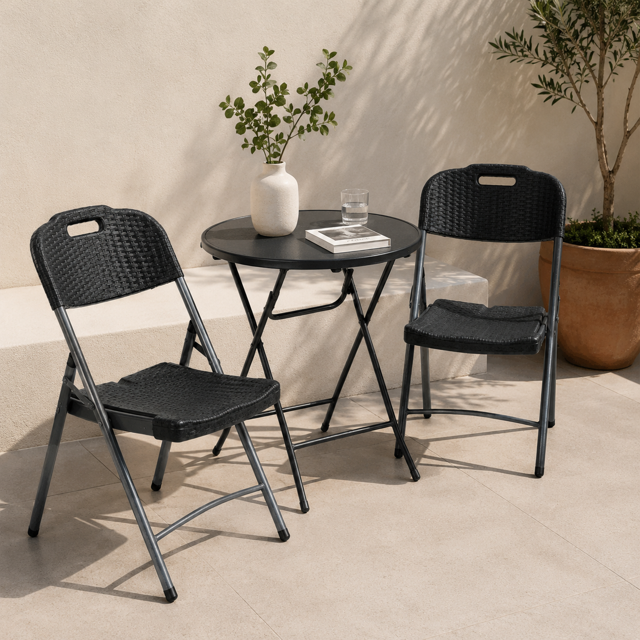 Silla Plegable Zítica con Textura Imitación Ratán | Estructura Metálica | Asa Integrada