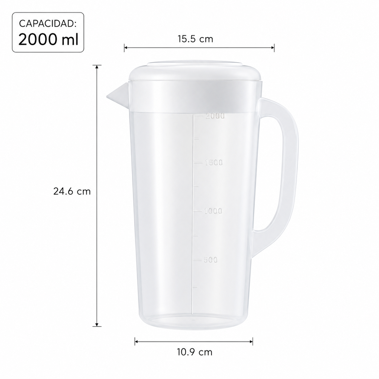 Jarra medidora de plástico con tapa y escala Myriam — 2000 ml o 2500 ml, transparente