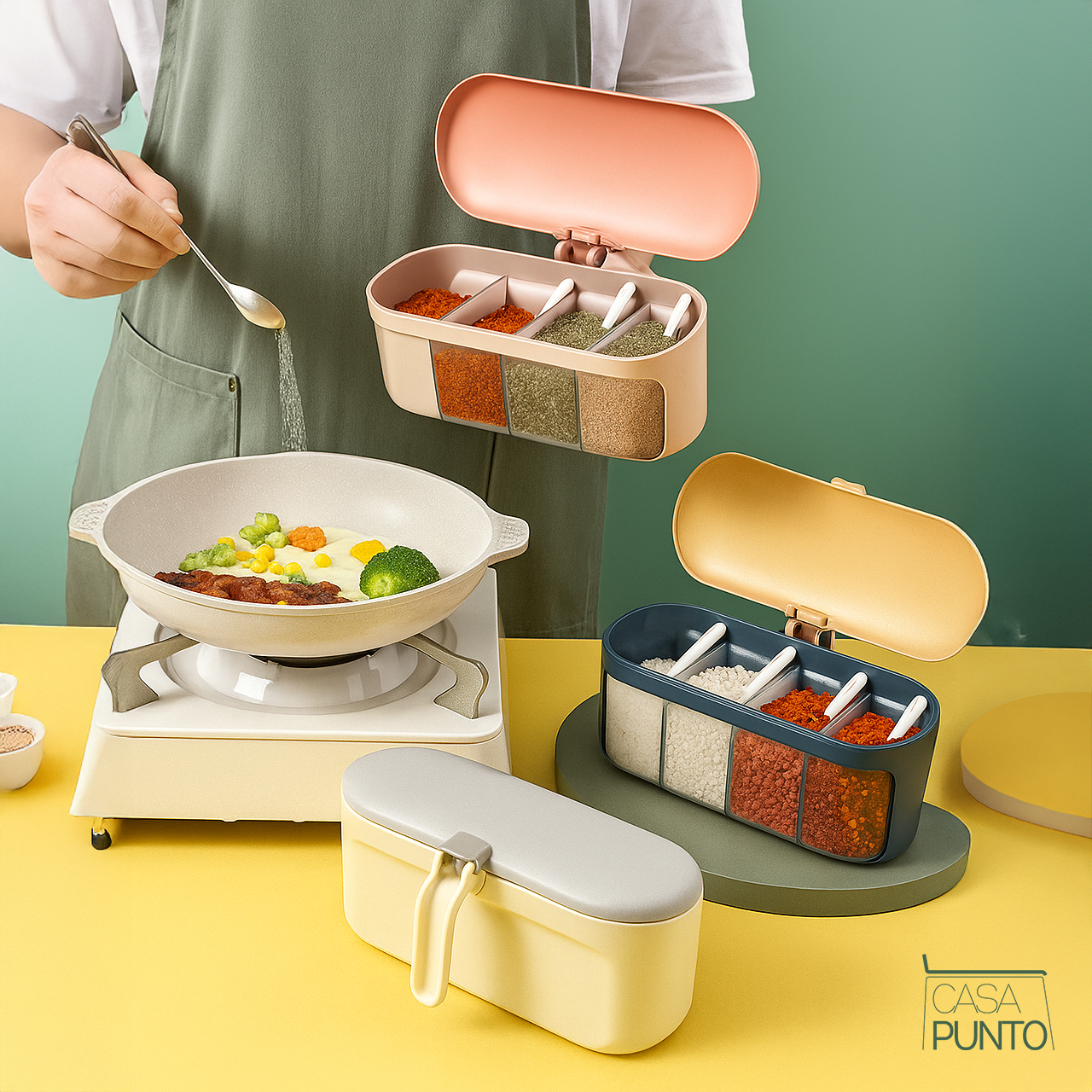 Hanna Caja de especias de 4 compartimentos con cucharas - Organizador de cocina modular